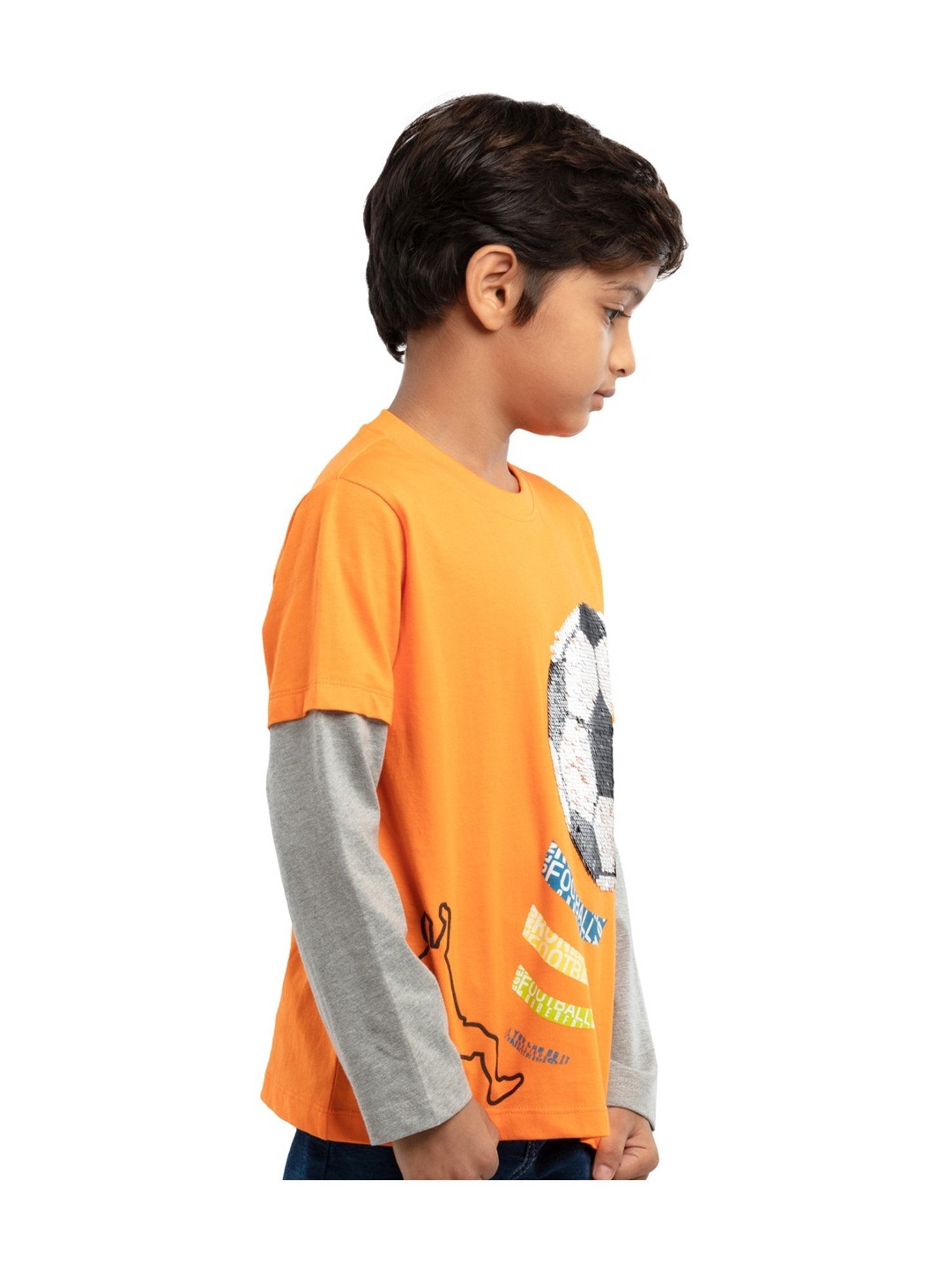 Under Fourteen Only Kids Orange & Grey Cotton Embellished Full Sleeves T-Shirt
