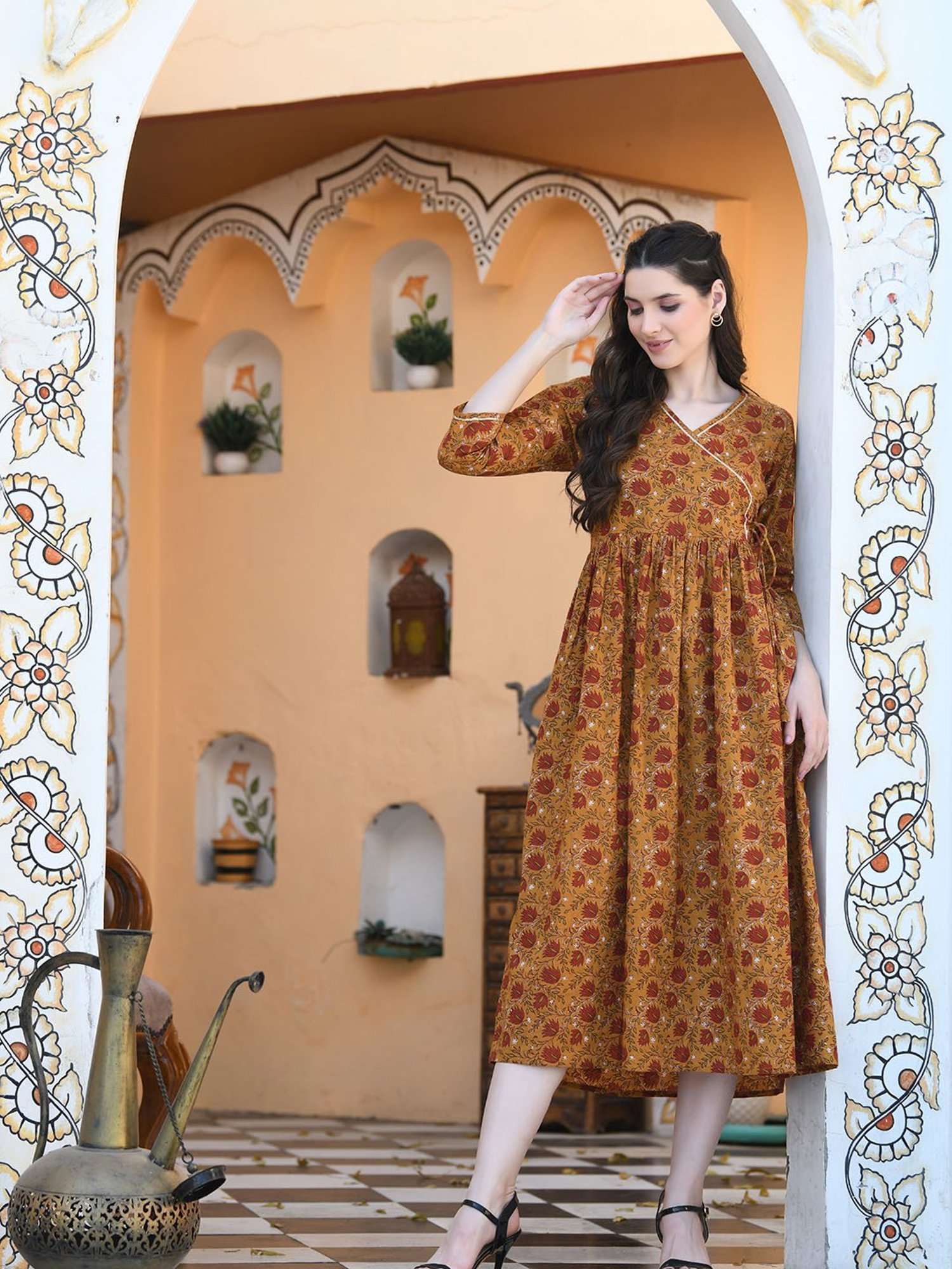 DECKEDUP Mustard Cotton Printed Midi Dress