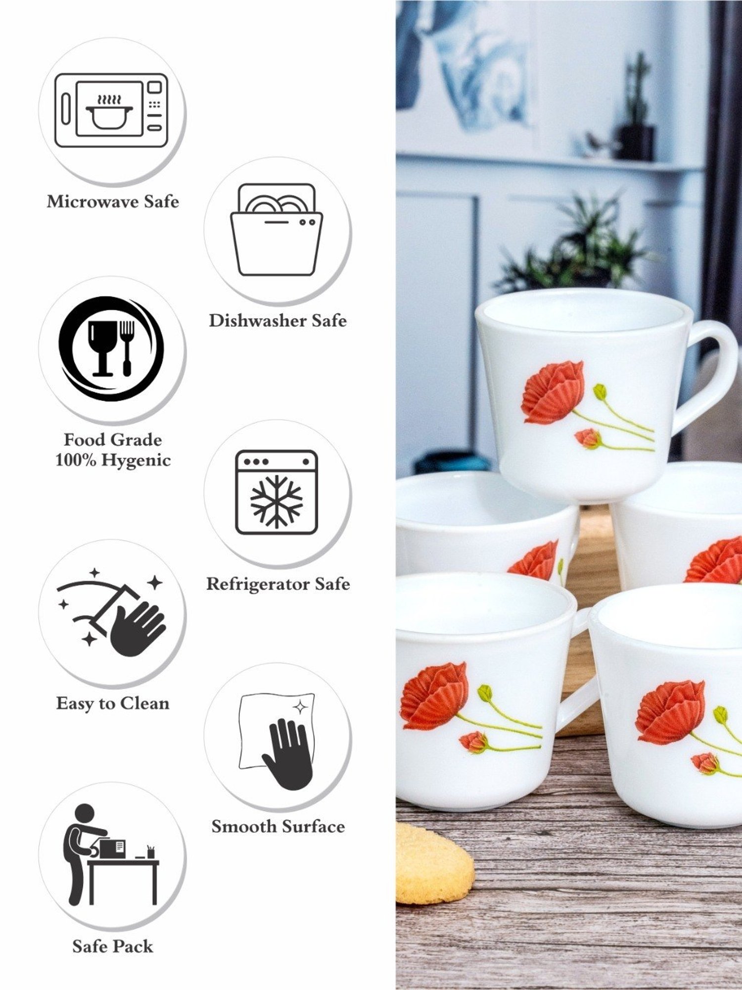 Larah by Borosil White Ceramic Opalware Mug - Set of 6 160ml