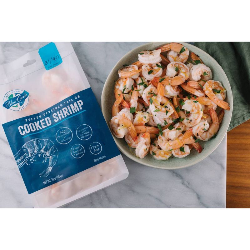 Blue Circle Peeled, Deveined, Tail-On Cooked Shrimp - 31/40ct per pound - Frozen - 16oz