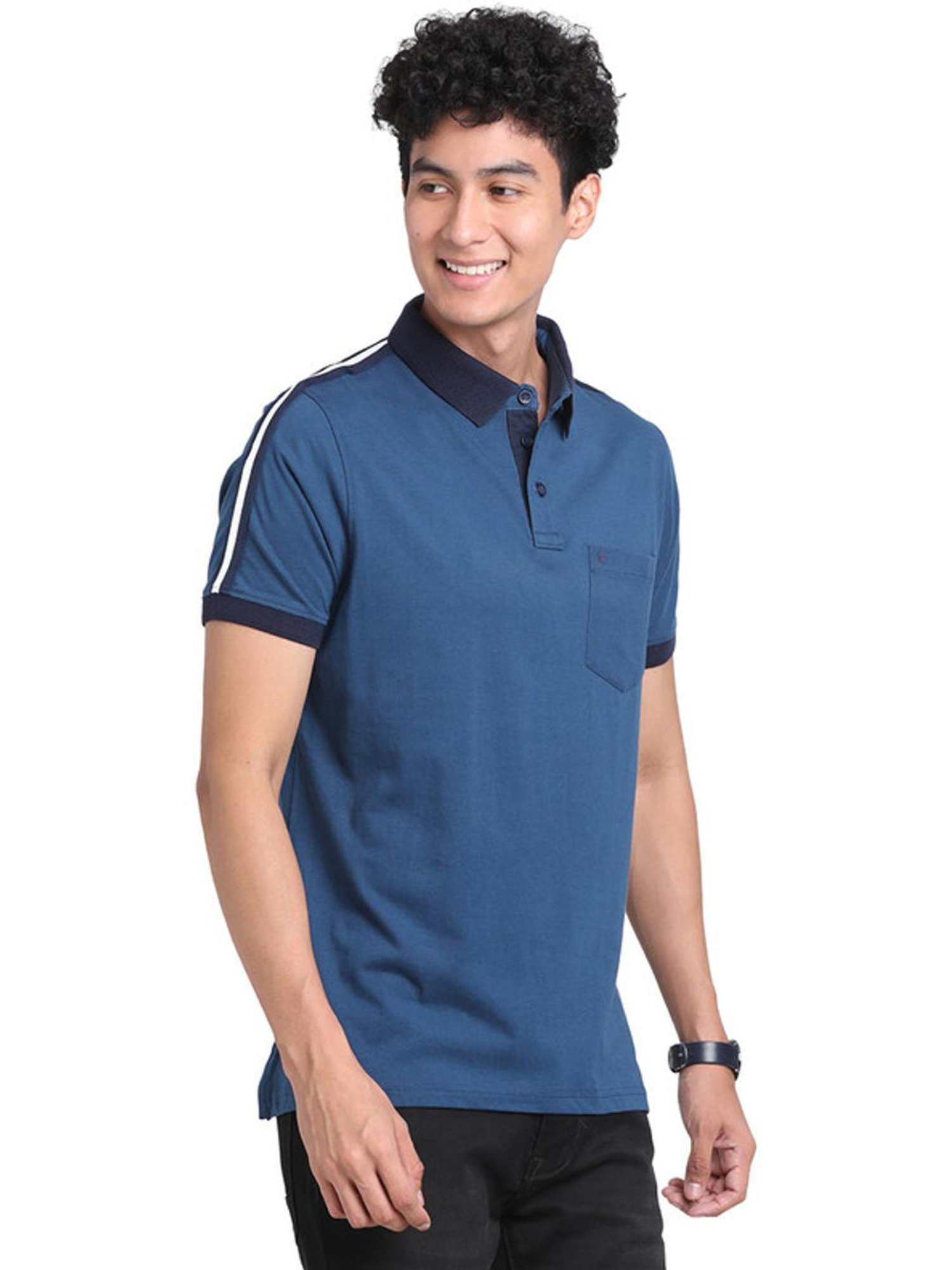 Turtle Blue Cotton Slim Fit Striped Polo T-Shirts
