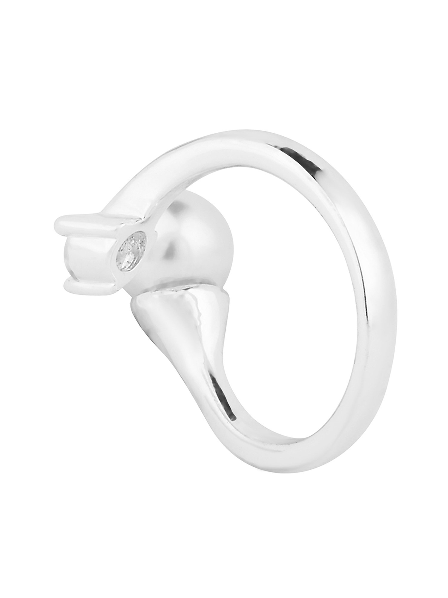 Lilly & Sparkle Brass Rhodium Plated CZ Stone and Pearl Studded Open Finger Ring