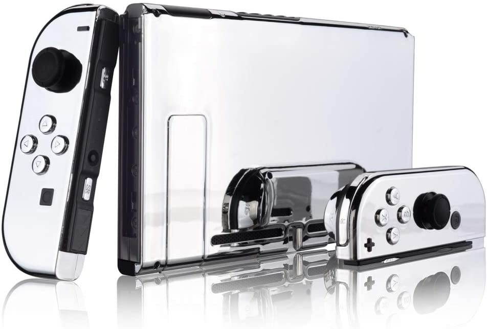 eXtremeRate Back Plate for Nintendo Switch Console, NS Joycon Handheld Controller Housing with Full Set Buttons, DIY Replacement Shell for Nintendo Switch - Chrome Silver