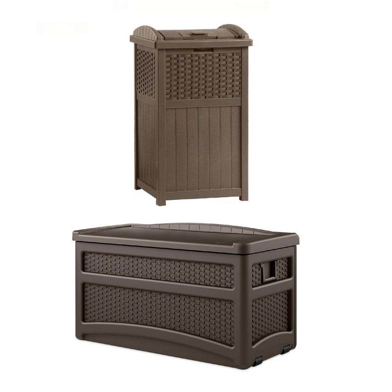 73 Gallon Deck Box With Seat with Suncast Resin Wicker Trash Hideaway
