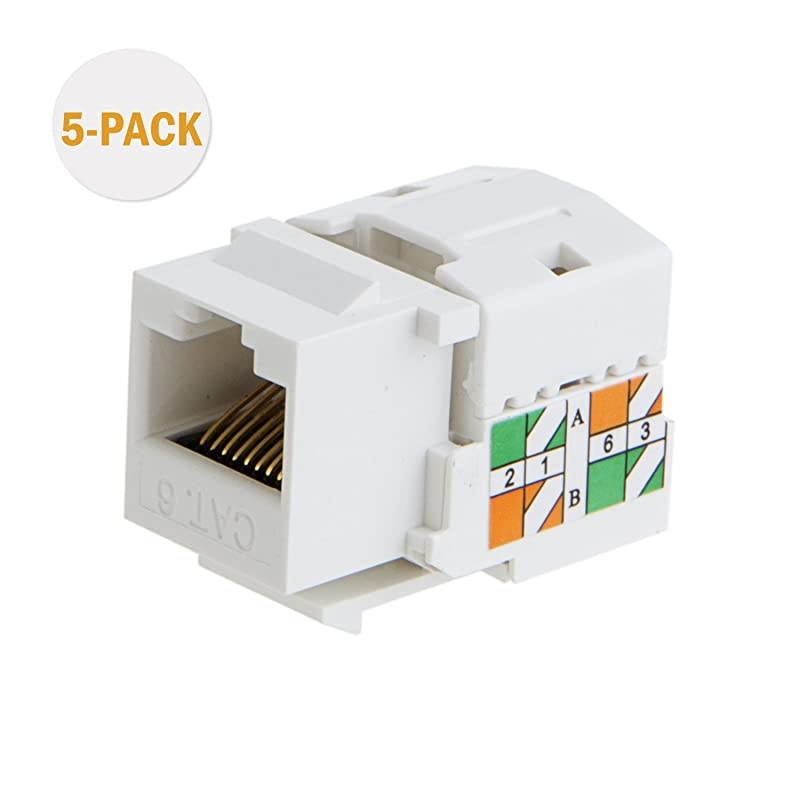 5-Pack Cat6 RJ45 Keystone Jack Module Connector Network Coupler Ethernet Wall Jack, White
