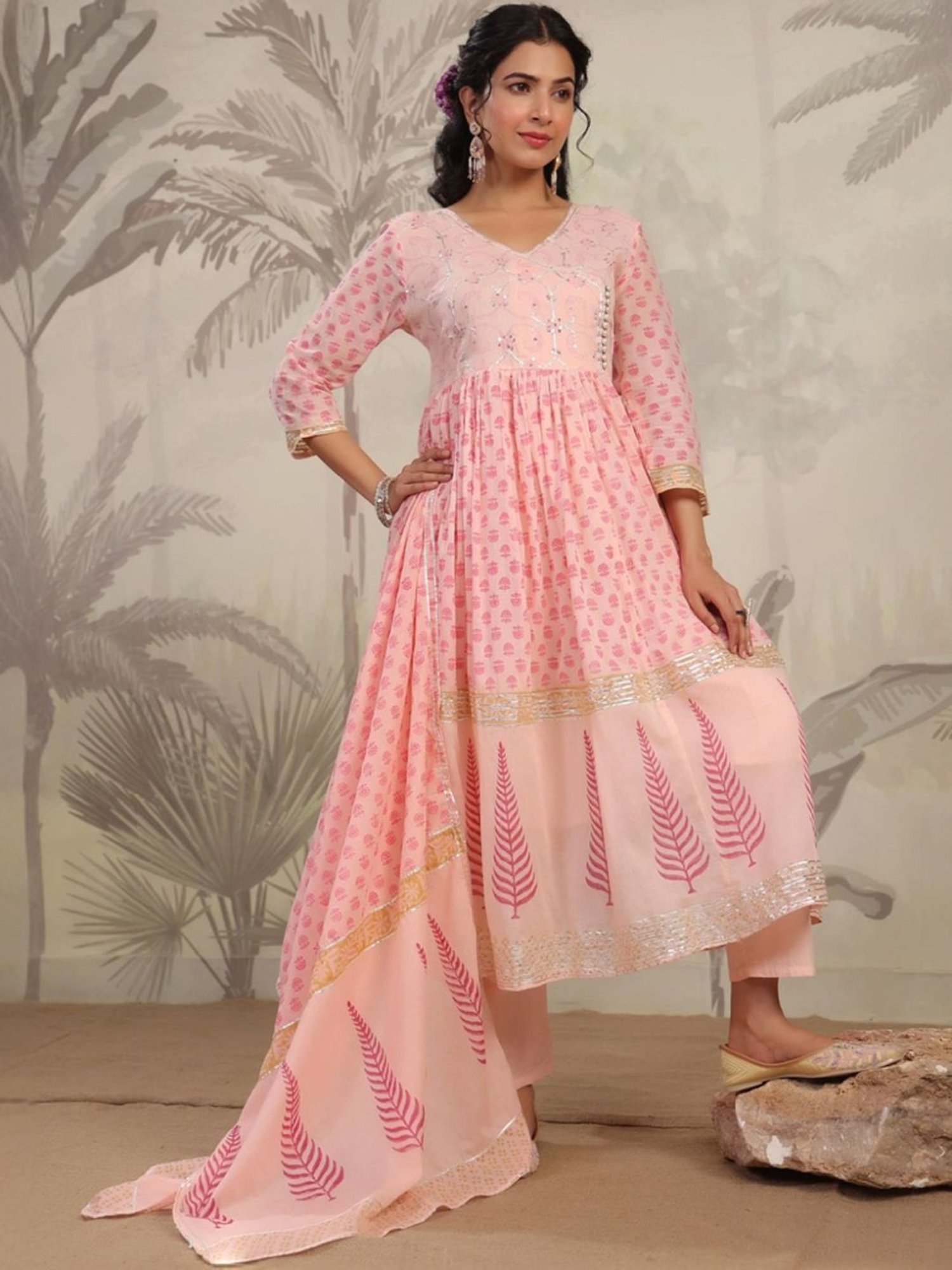 SCAKHI Peach Hand-Block Printed Handworked Anarkali Kurta and Pant With Dupatta