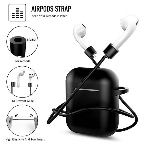 Silicone Protective Case and Anti-Lost Strap for Apple AirPods - Black