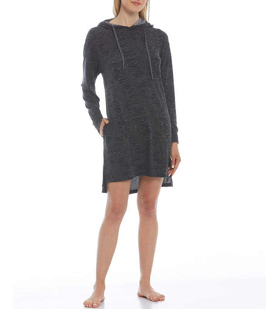 Jasmine & Ginger Zebra Print Brushed Knit Long Sleeve Hoodie Sleepshirt