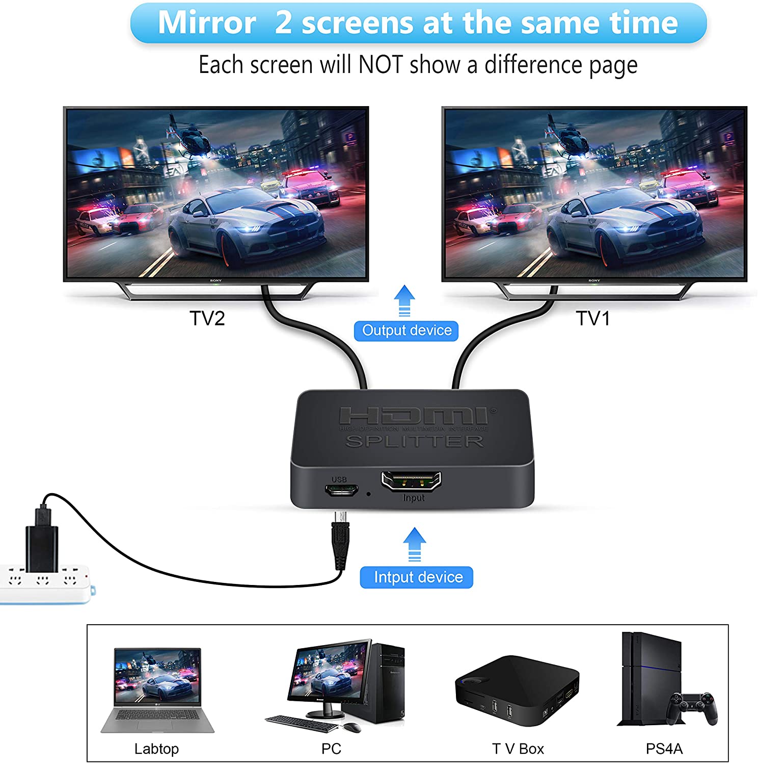 HDMI Splitter 1 In 2 Out, 4K HDMI Splitter for Dual Monitors [Just Duplicate/Mirror Screens, Not Extend] 1x2 HDMI Splitter 1 to 2 Amplifier for 4K @30HZ Full HD 1080P 3D with HDMI Cable