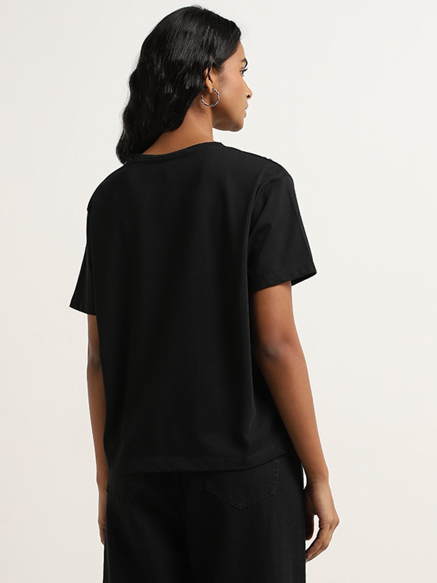 LOV by Westside Black Leaf Embellished Cotton T-Shirt