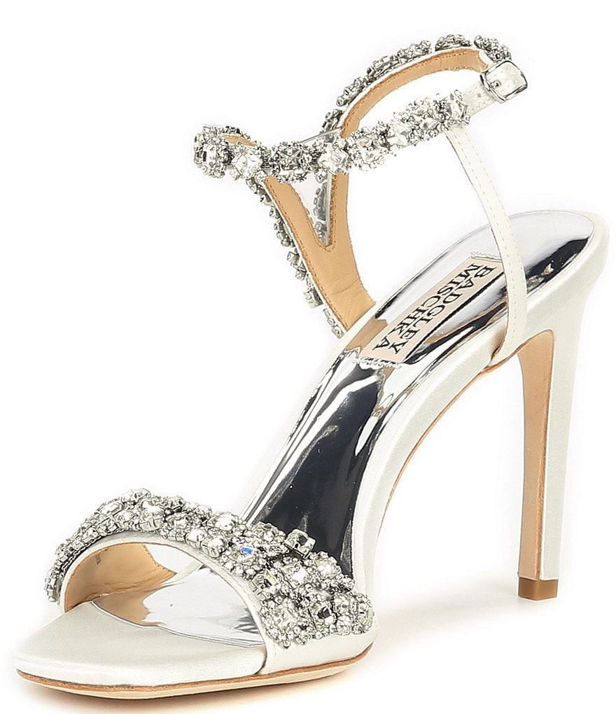 Badgley Mischka Galia Square Toe Crystal Jeweled Satin Dress Sandals