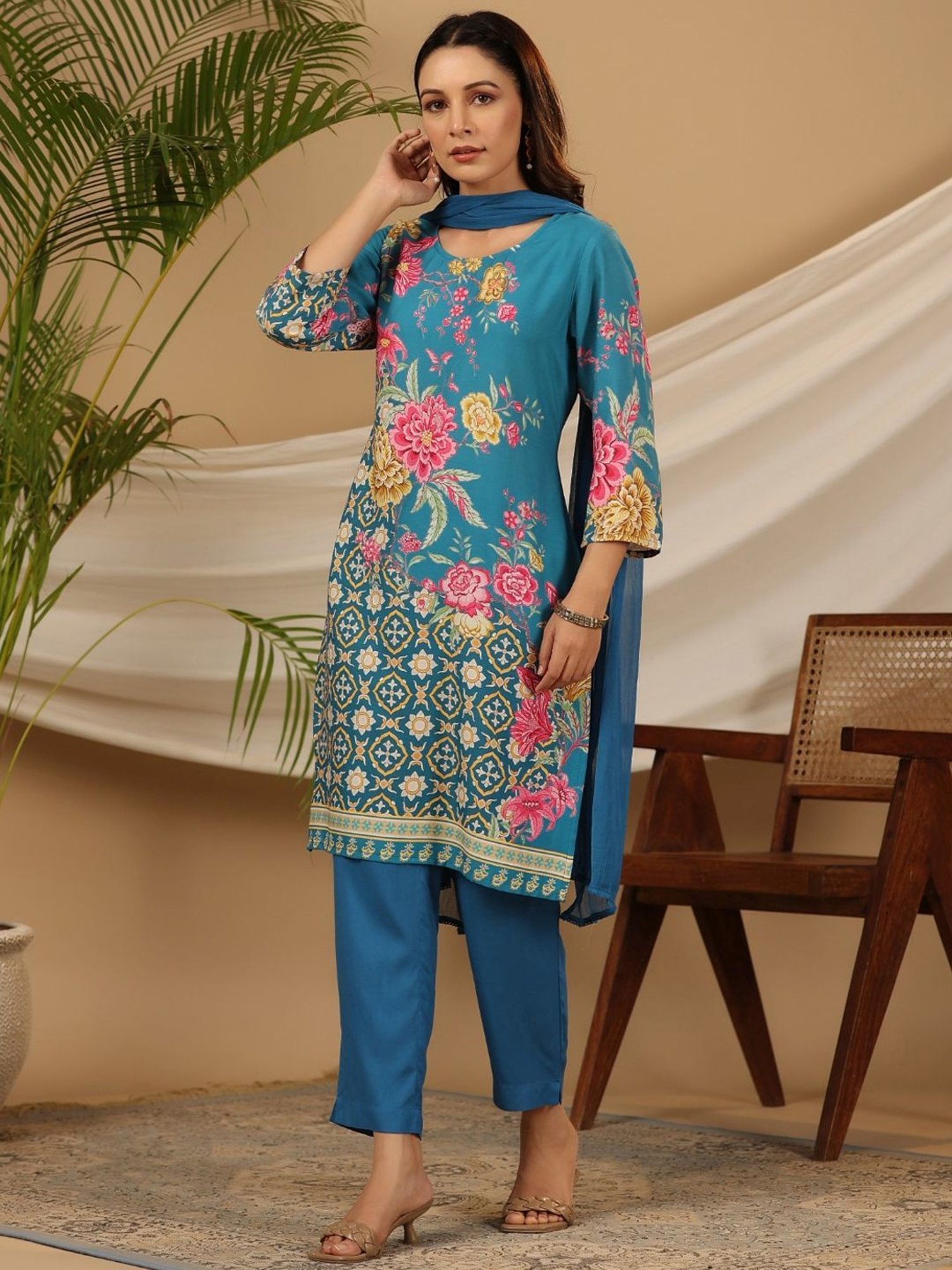 Juniper Blue Floral Printed Rayon Kurta Pants & Dupatta Set With Sequins Work
