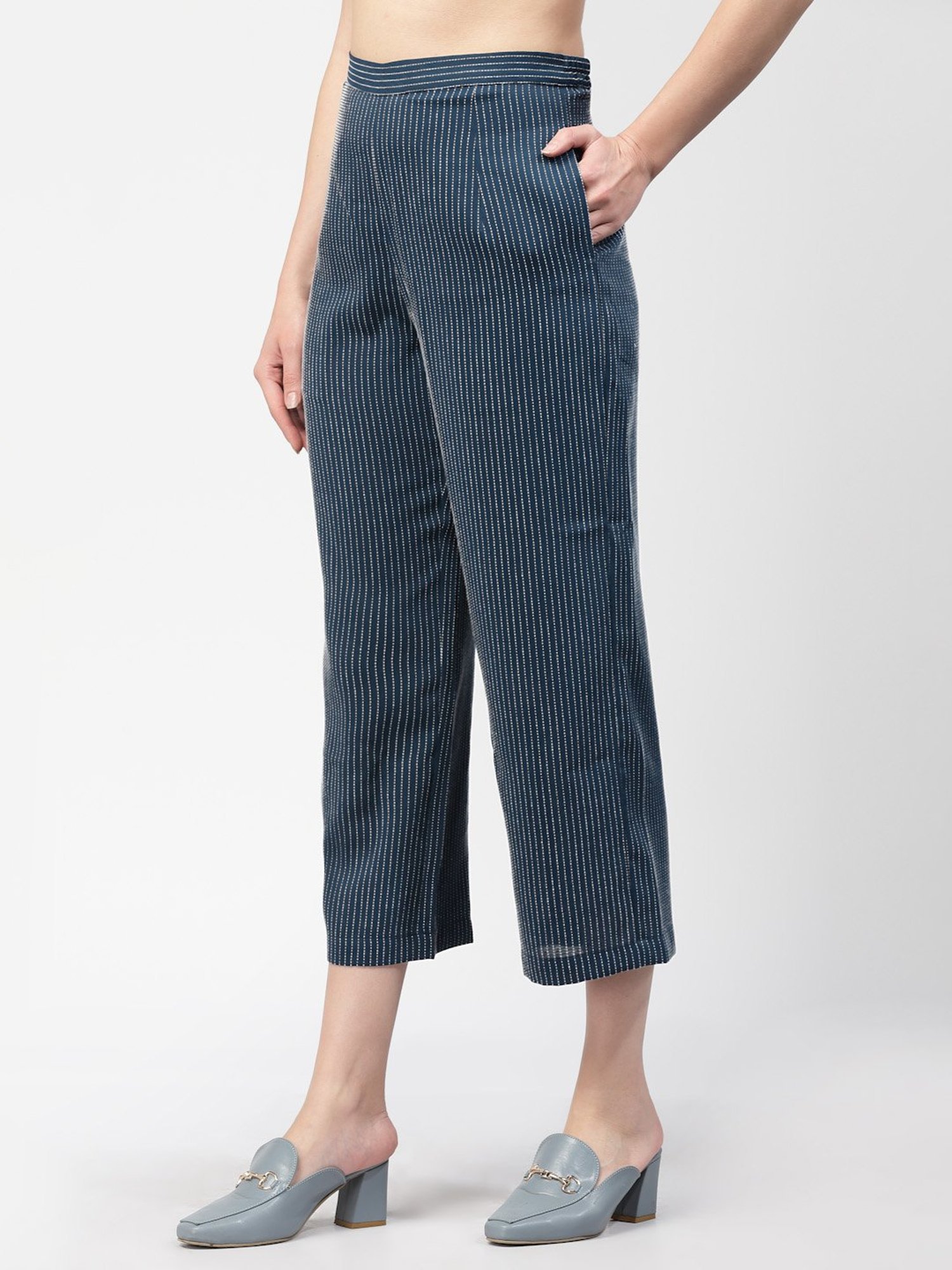 Office & You Dark Blue Striped Relaxed Fit Mid Rise Trousers