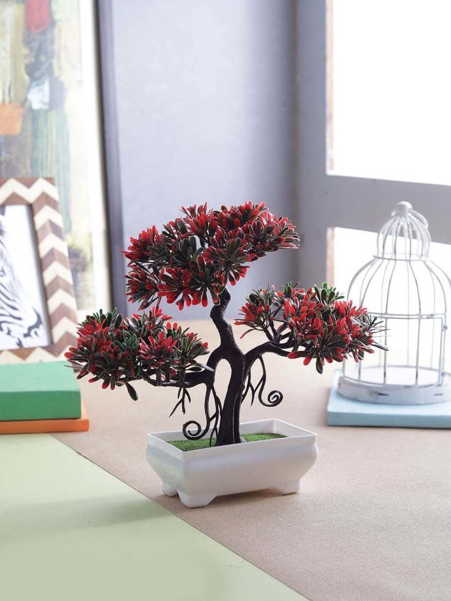 Foliyaj Red & Green Plastic Artificial Plant Bonsai Tree With Leaves