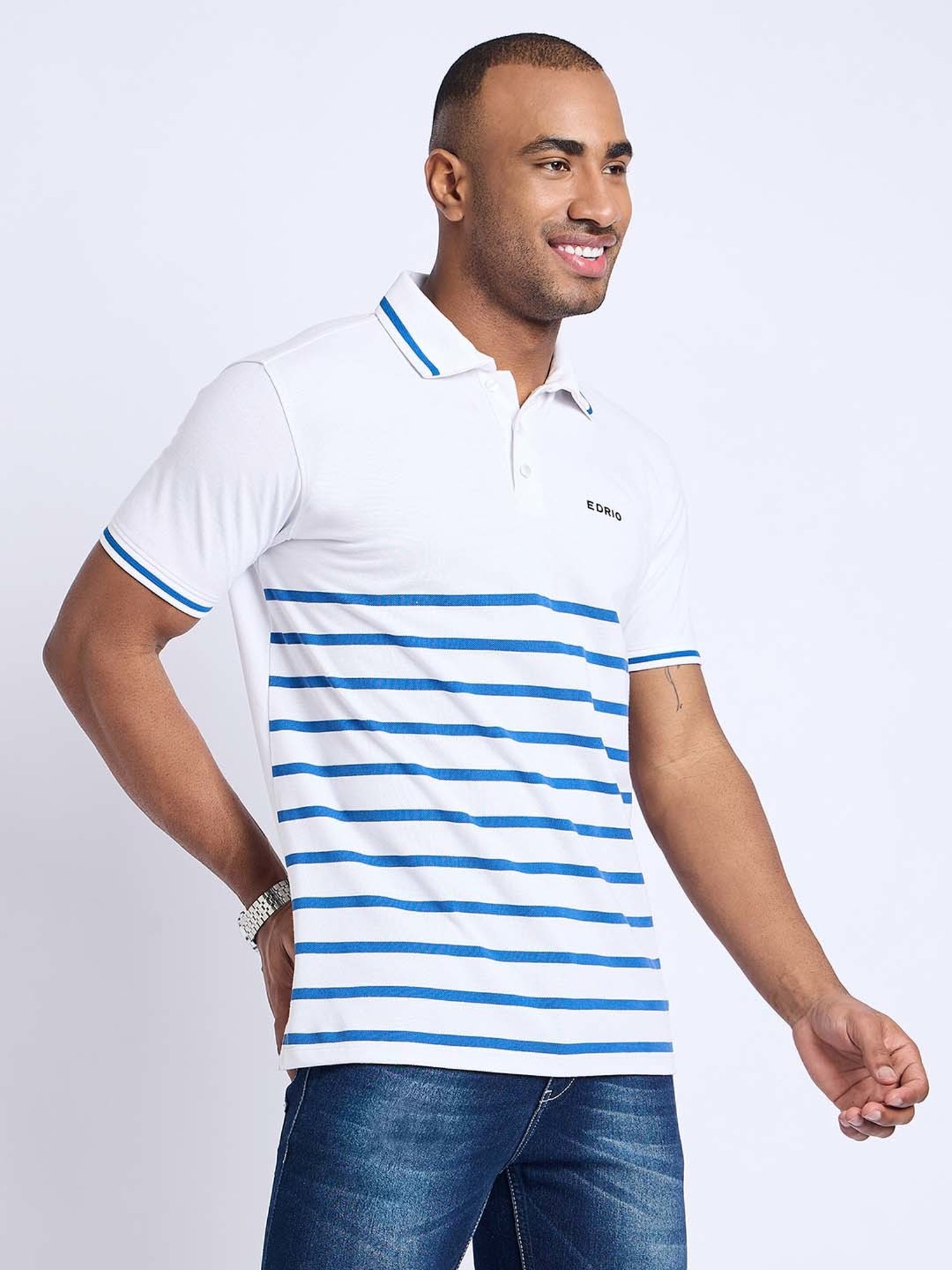 EDRIO White & Blue Regular Fit Striped Polo T-Shirt