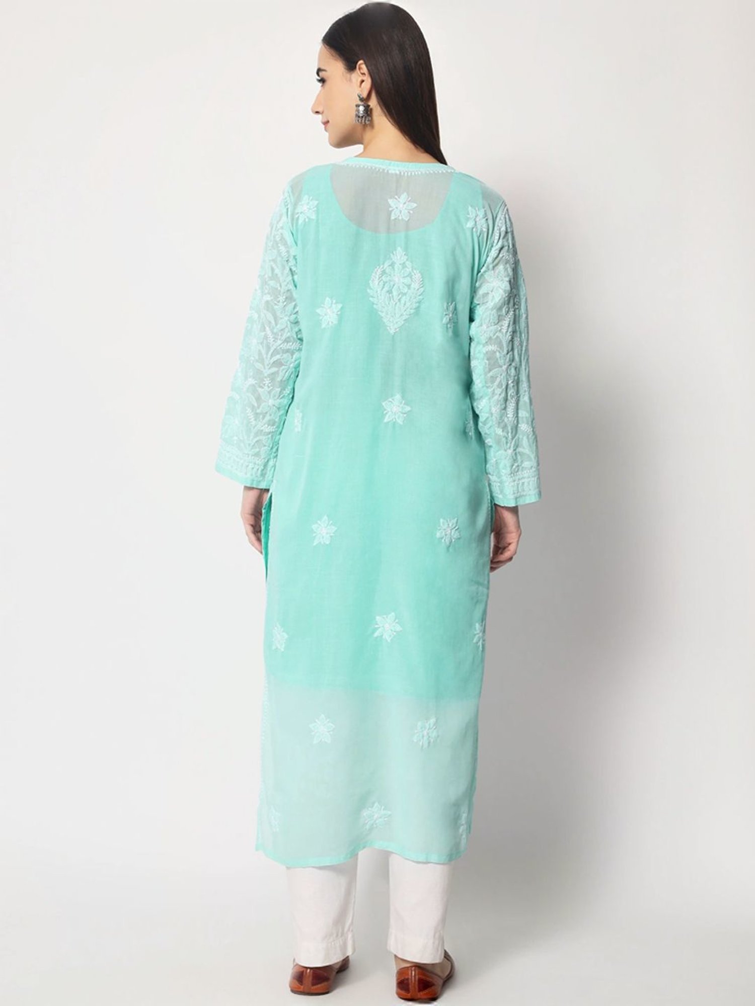 PARAMOUNT CHIKAN Aqua Blue Cotton Hand Embroidered Chikankari Straight Kurta