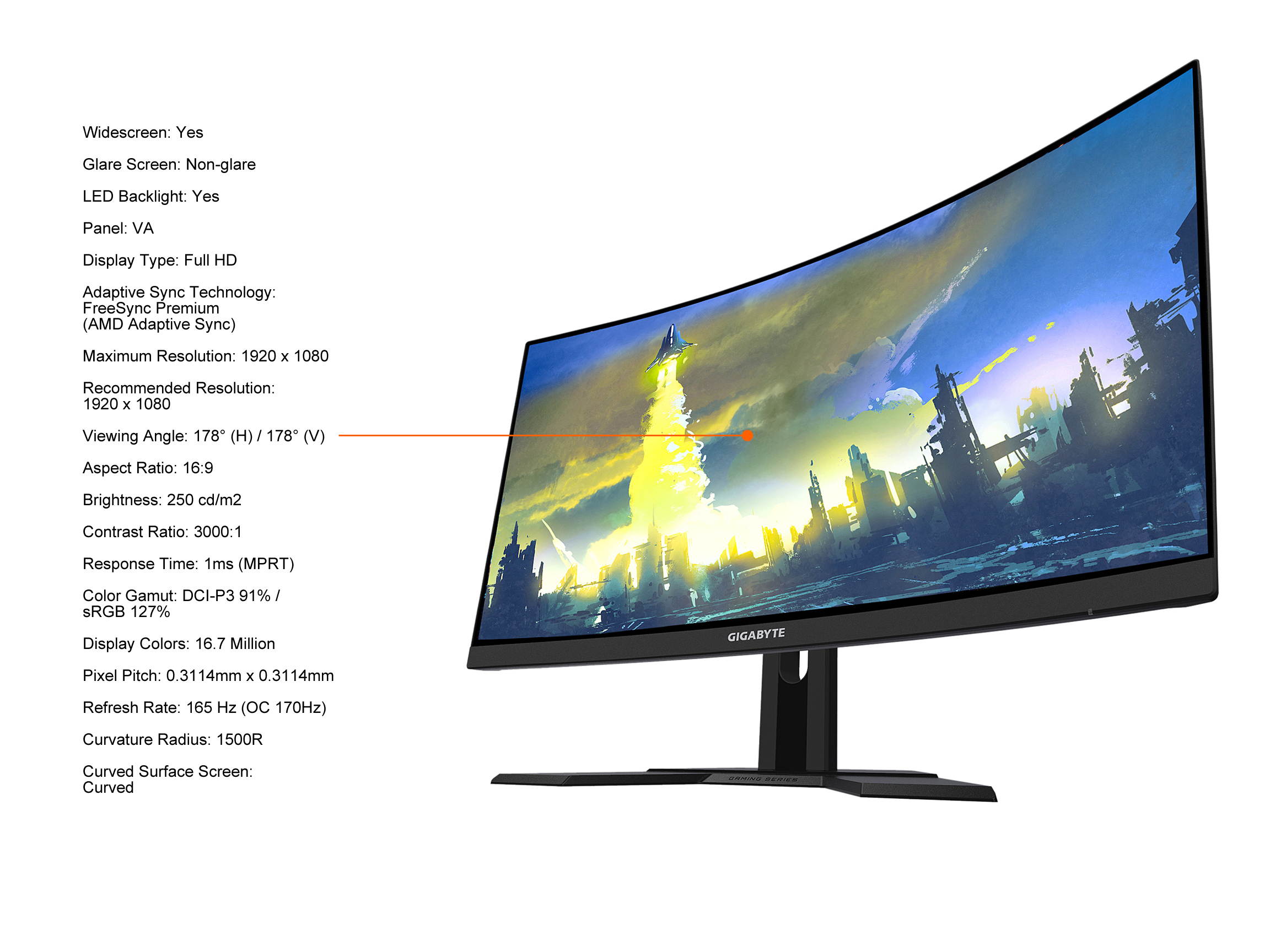 GIGABYTE G27FC A 27" 165Hz 1920 x 1080 1ms (MPRT), 91% DCI-P3, FreeSync Premium, 1 x Display Port 1.2, 2 x HDMI 1.4, 2 x USB 3.0 Curved Gaming Monitor