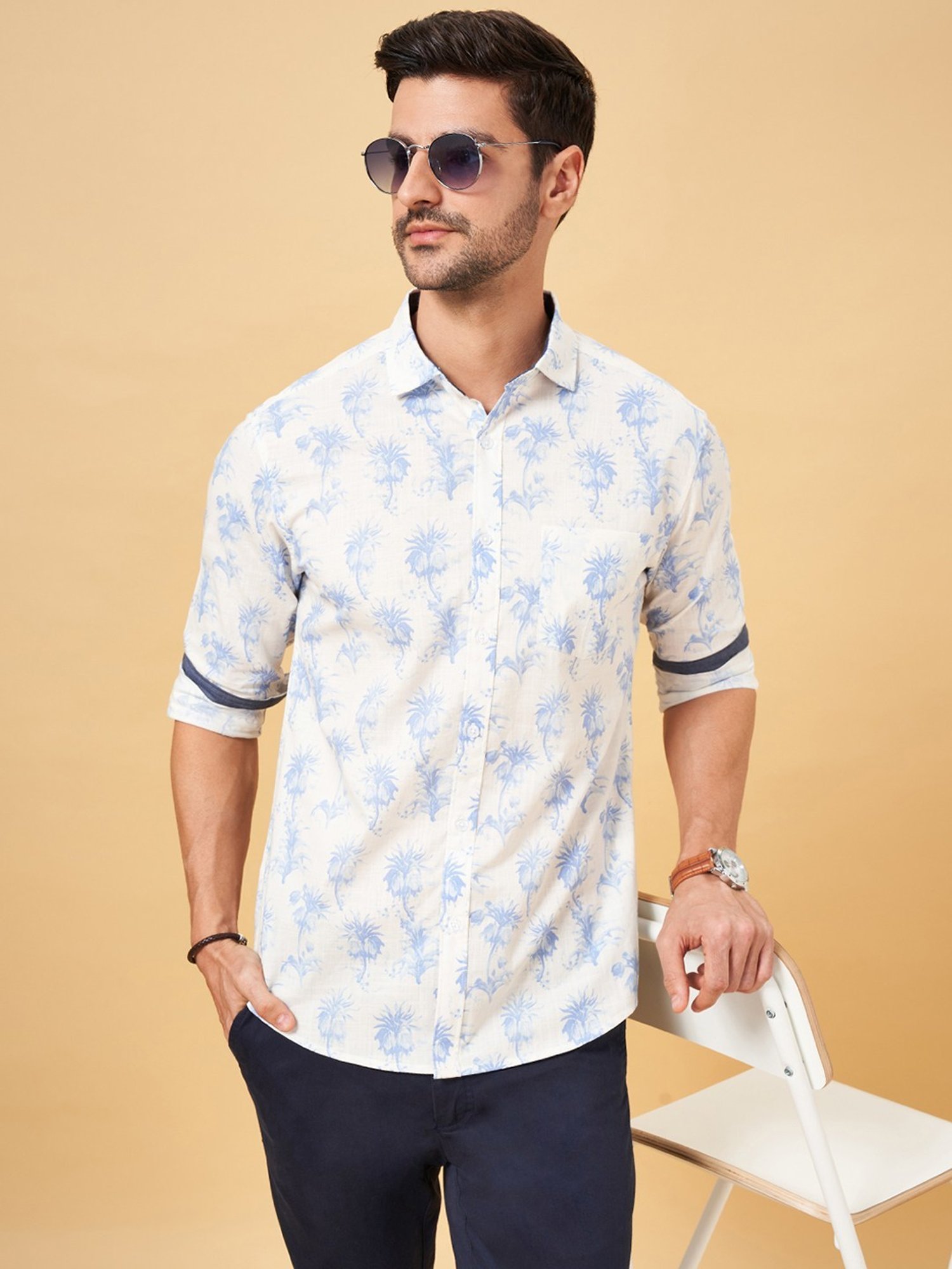 Byford by Pantaloons Dream Blue Cotton Slim Fit Printed Shirt