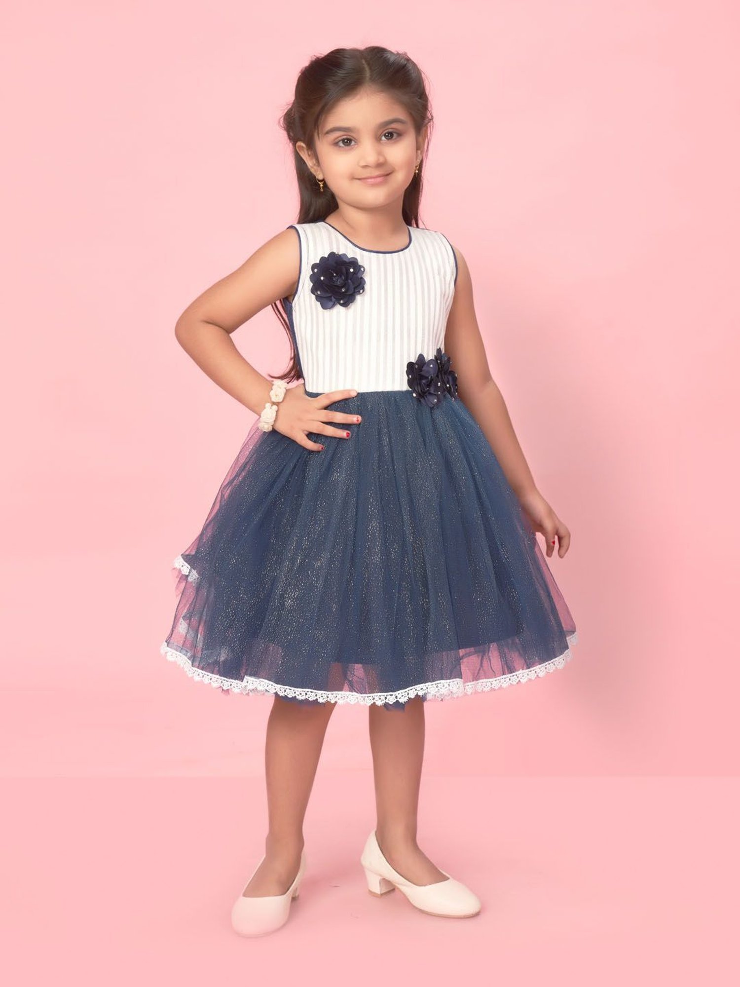 Aarika Kids White & Navy Applique Frock