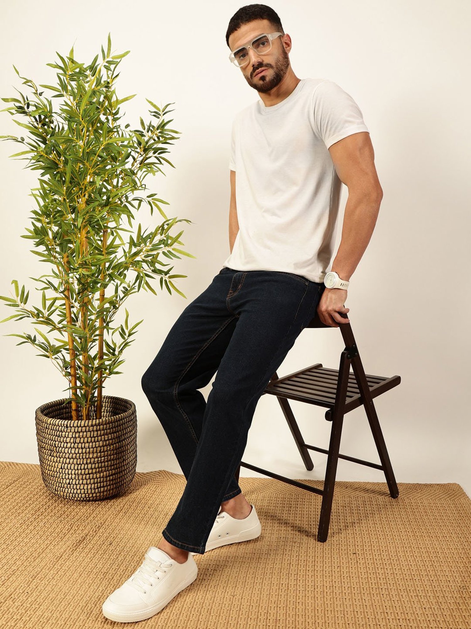 Thomas Scott Dark Blue Cotton Slim Tapered Solid Jeans