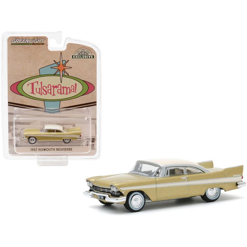 1957 Plymouth Belvedere Desert Gold with Sand Dune White Top Tulsa, Oklahoma "Tulsarama" Underground Vault (1957) 1/64 Diecast Model Car by Greenlight