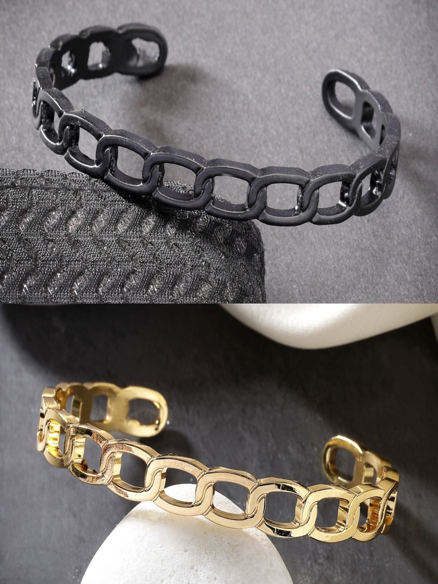 NVR Men Set of 2 Gold & Black Rhodium-Plated Metal Cuff Bracelet