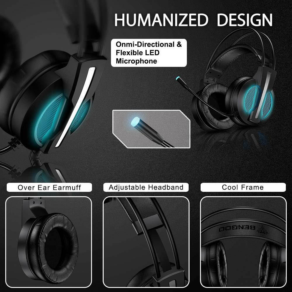 BENGOO GH1 Gaming Headset for PC, PS4 Gaming Console, USB 7.1 Surround Sound Gaming Headphones with Noise Canceling Mic, 4D Intelligent Vibration, Strong Bass, LED Light for Laptop Mac Games