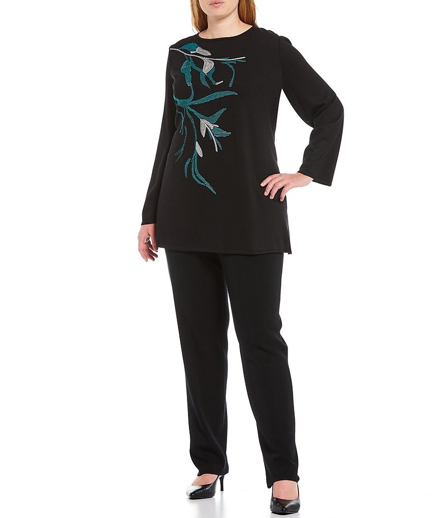 Ming Wang Plus Size Floral Embroidery Long Sleeve Jewel Neck Knit Tunic