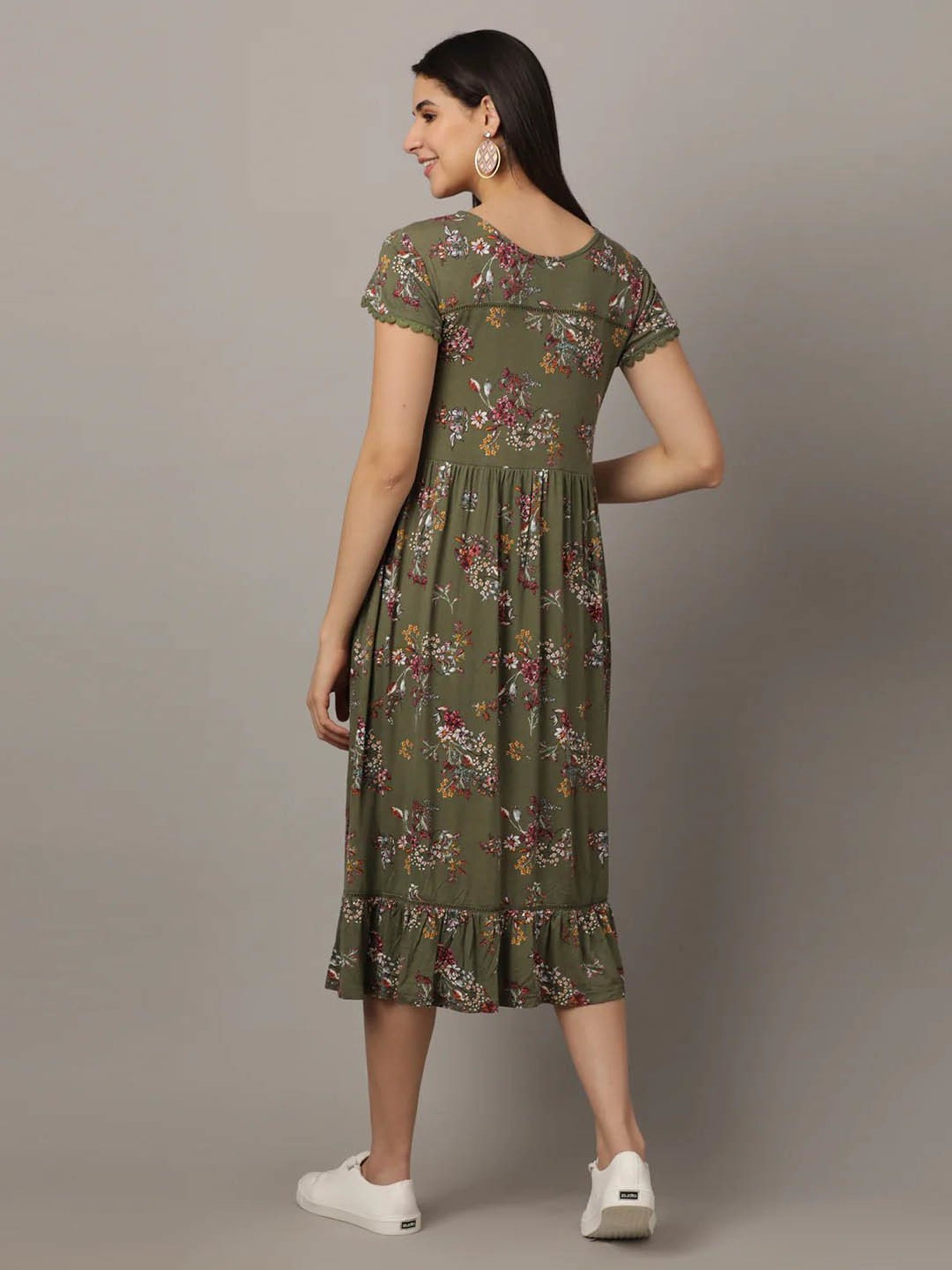 The Mom Store Olive Cotton Floral Print Maternity & Nursing Dress