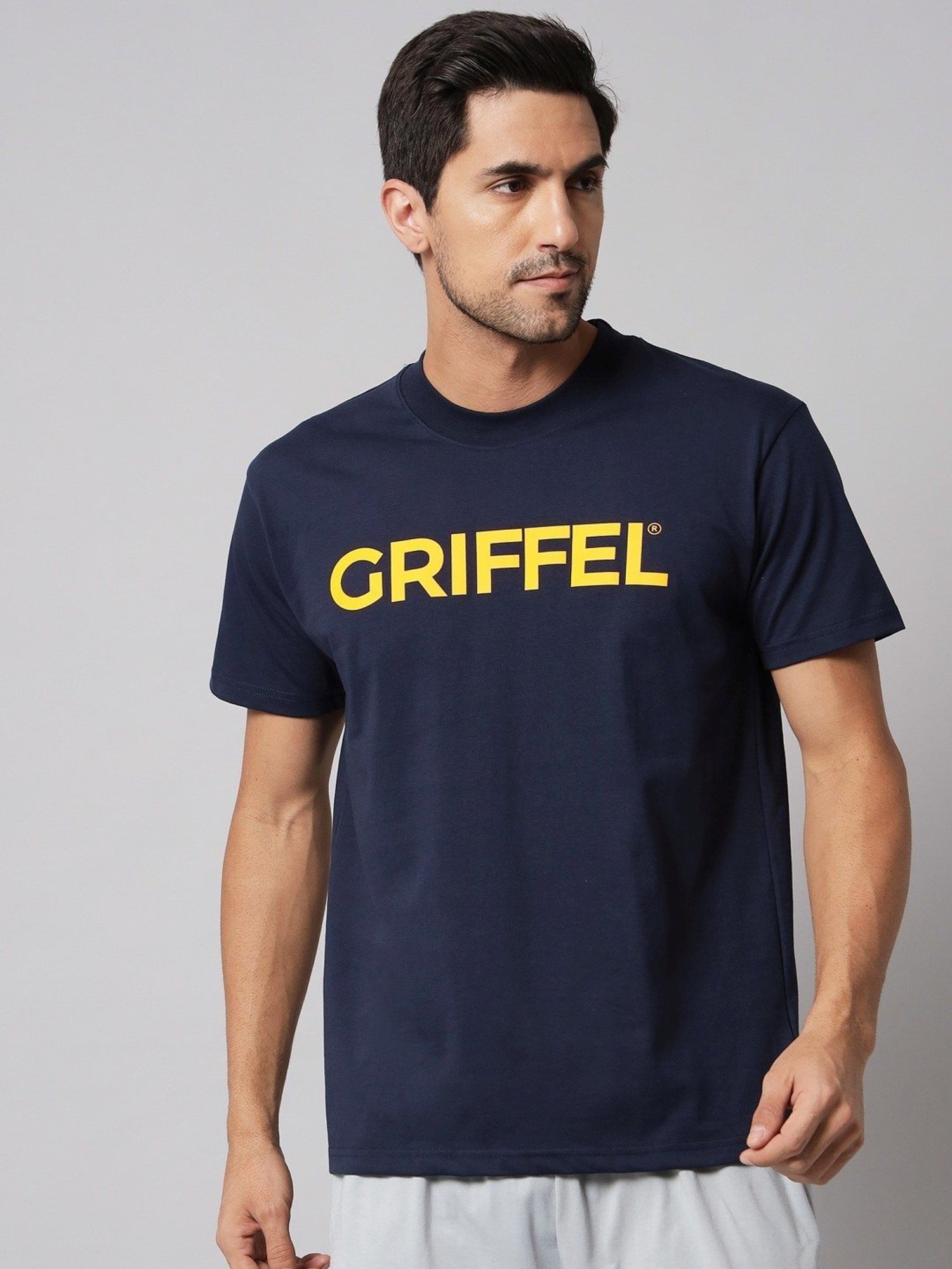 Griffel Navy Blue Cotton Loose Fit Printed T-Shirt