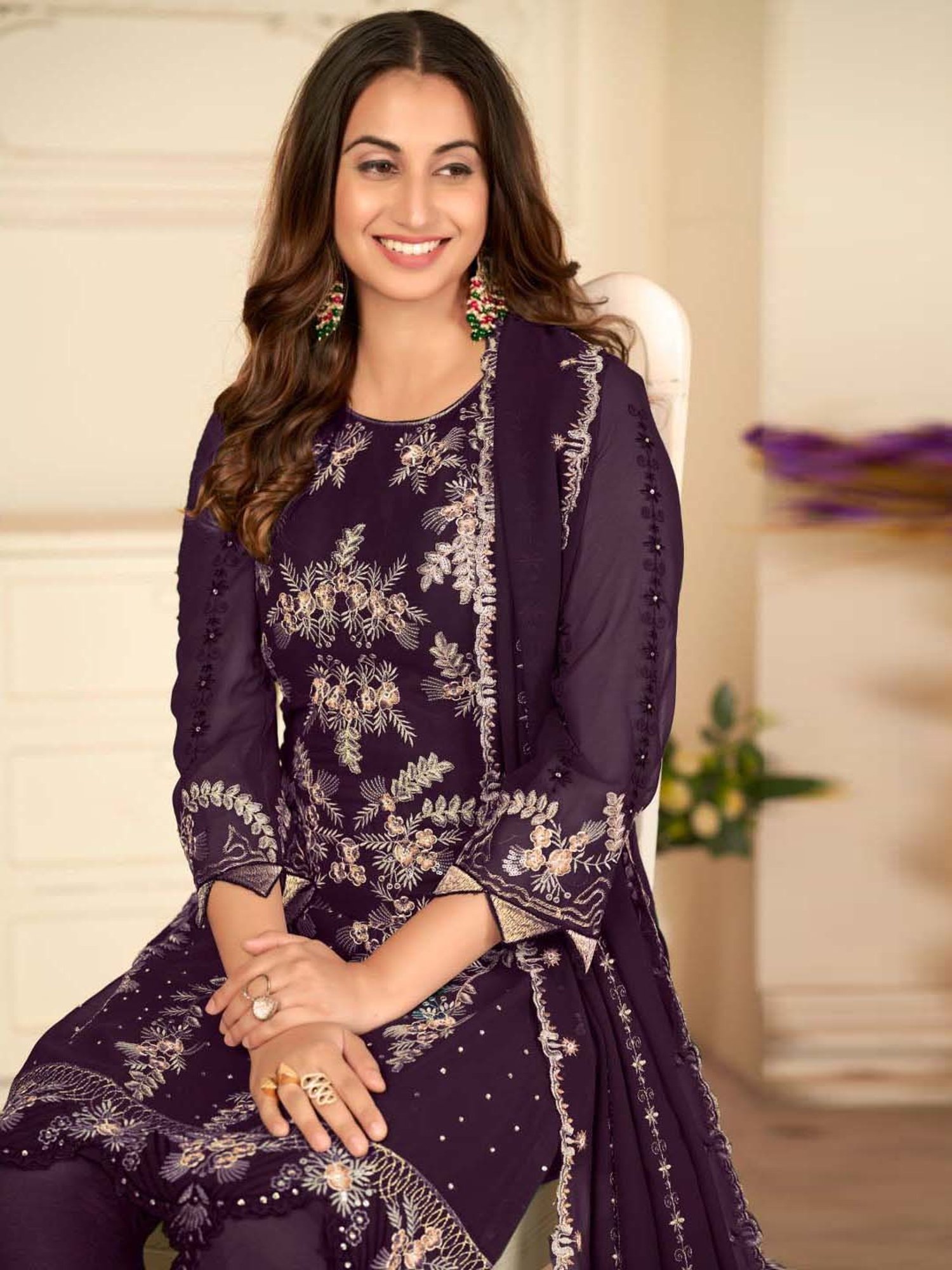 Warthy Ent Purple Embroidered Semi Stitched Dress Material