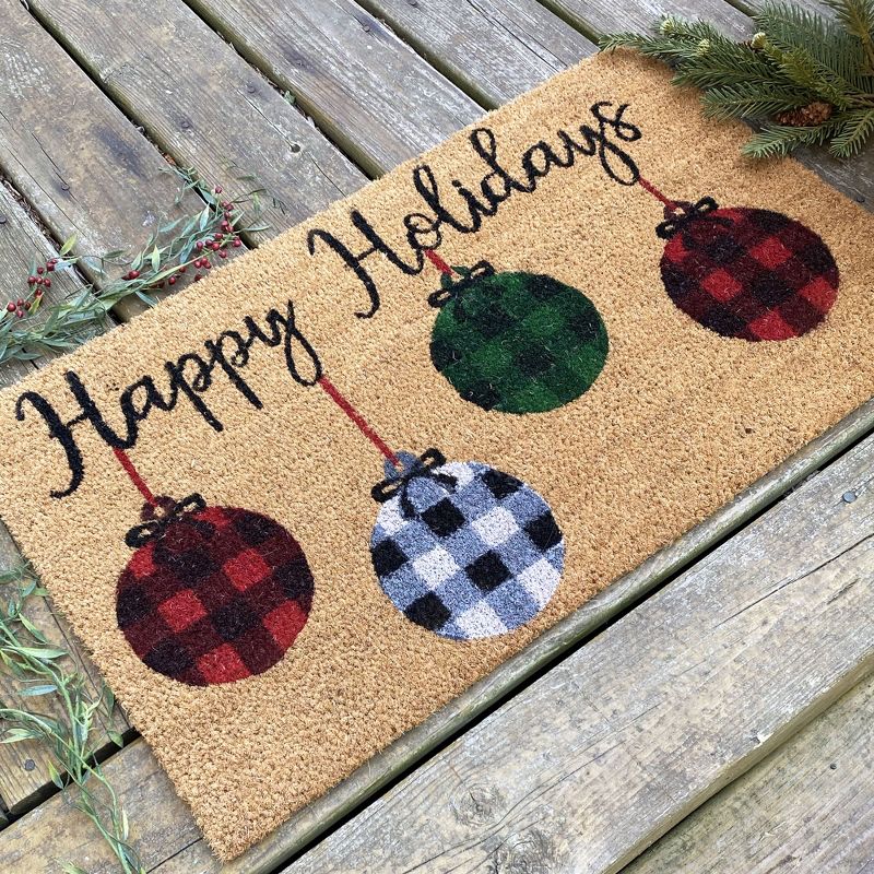 Farmhouse Living Happy Holidays Rustic Ornaments Coir Doormat - 18" x 30" - Elrene Home Fashions