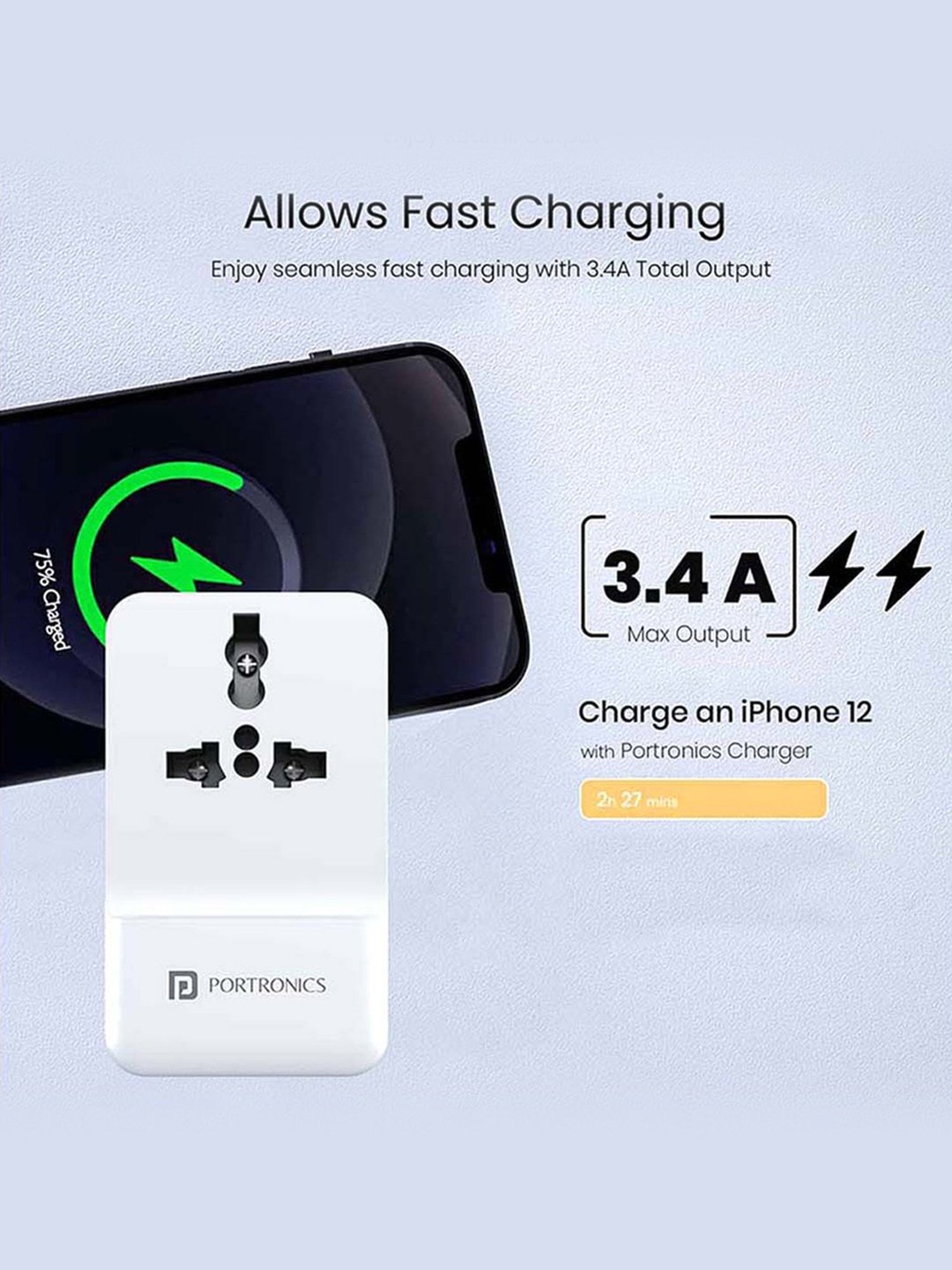 Portronics Adapto III POR-1372 Adapter with Dual USB Port and AC Socket (White)