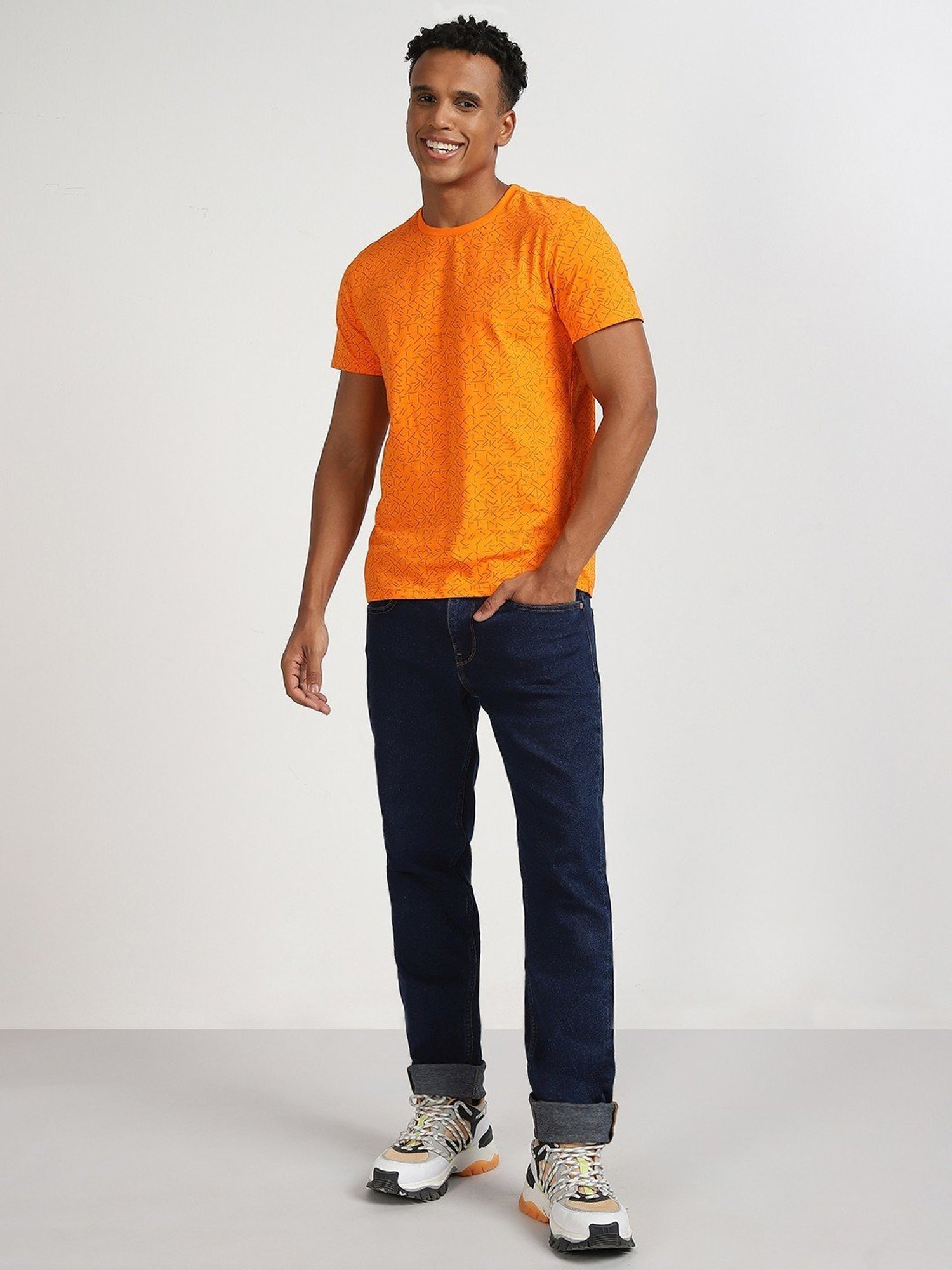 Lee Orange Cotton Slim Fit Printed T-Shirt