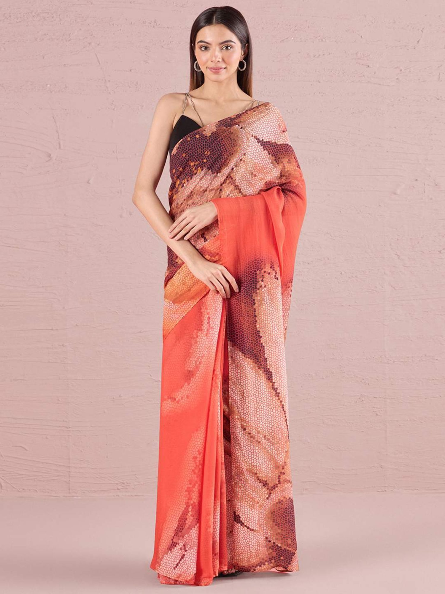 navyasa by liva Orange Printed Saree With Unstitched Blouse