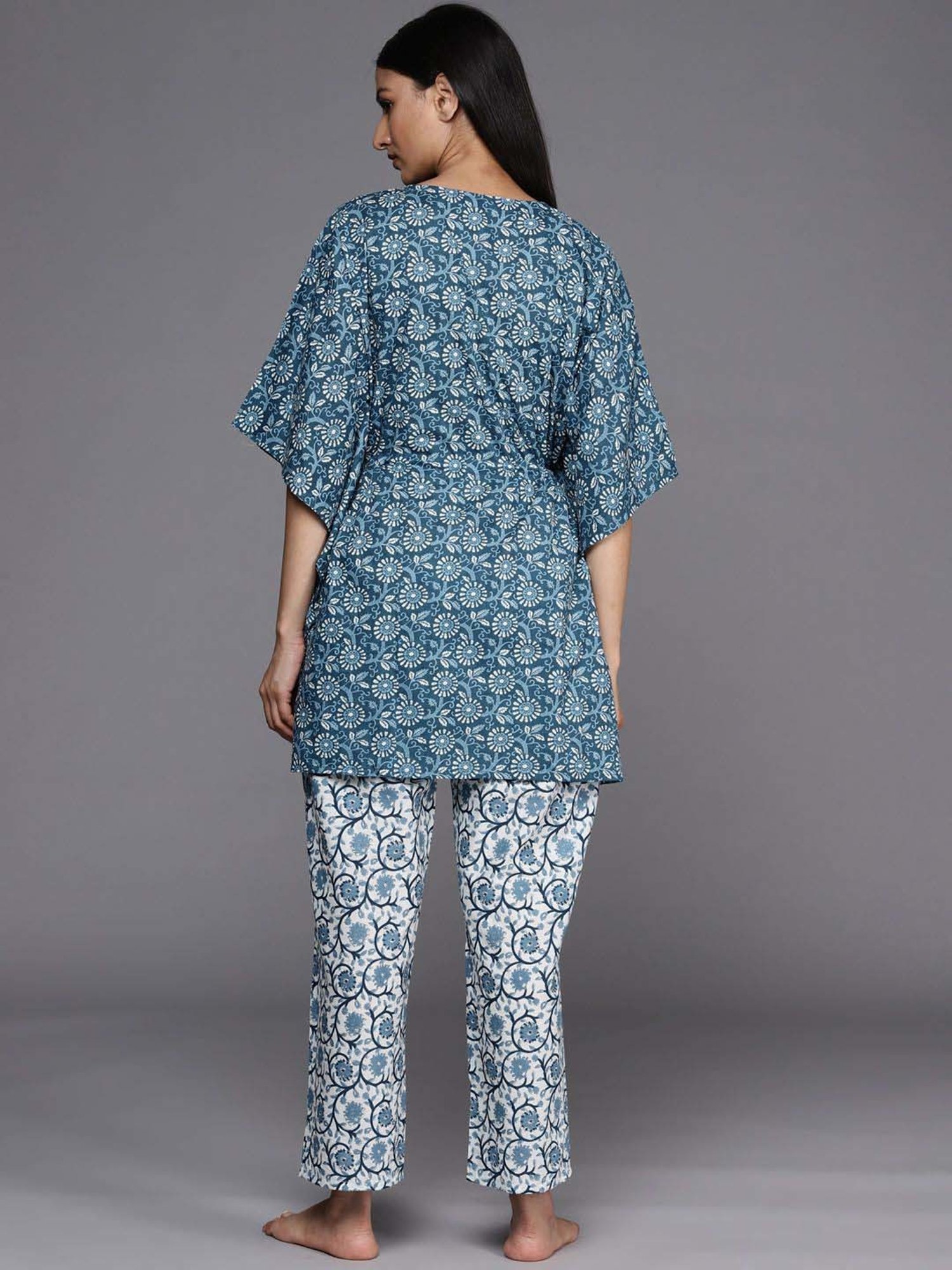 Libas Blue Cotton Printed Short Kaftan Pant Set