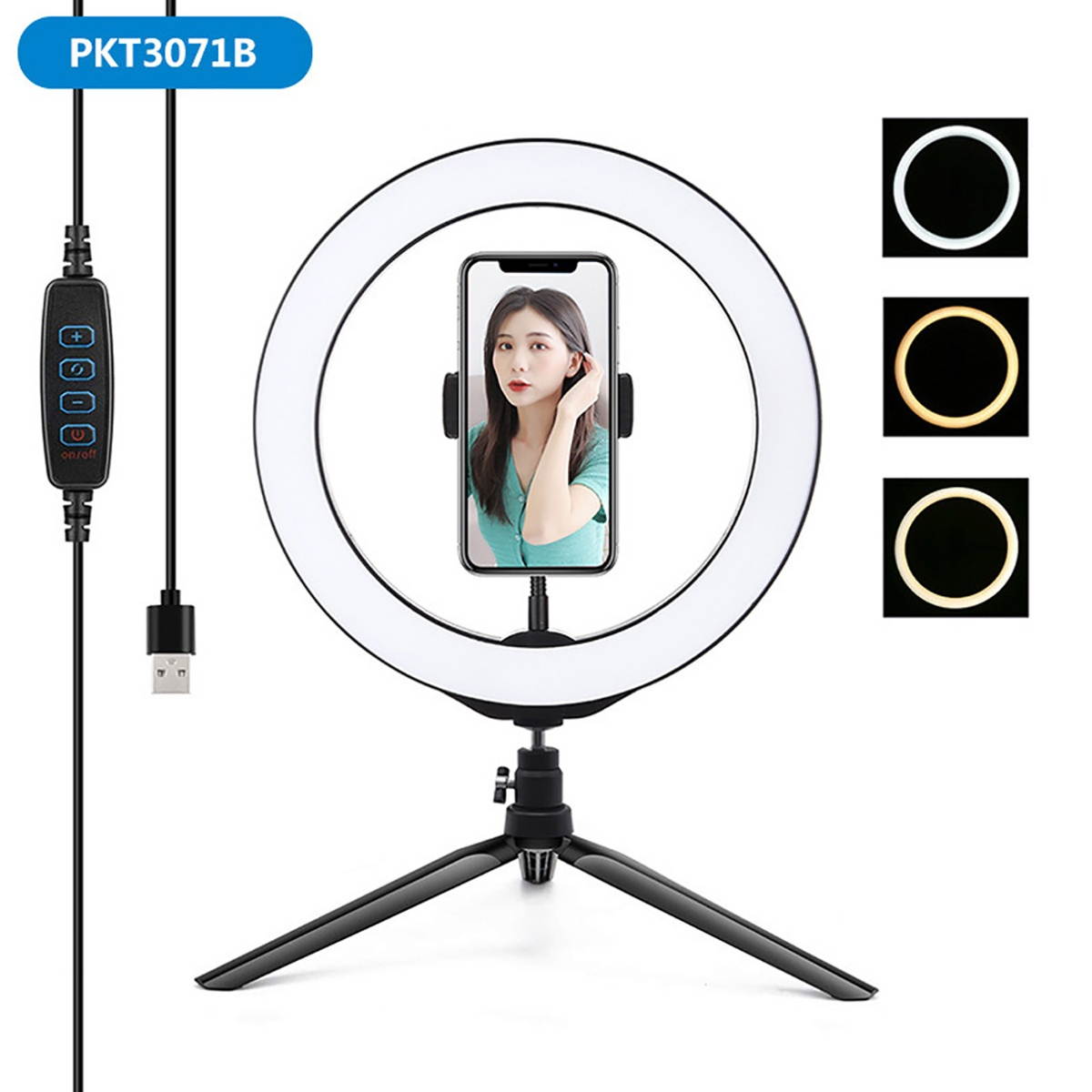Portable 10.2 inch Stepless Adjustable LED Ring Full Light Tripod Stand Live Selfie Holder with USB Plug for YouTube Tiktok VK Vlog Makeup