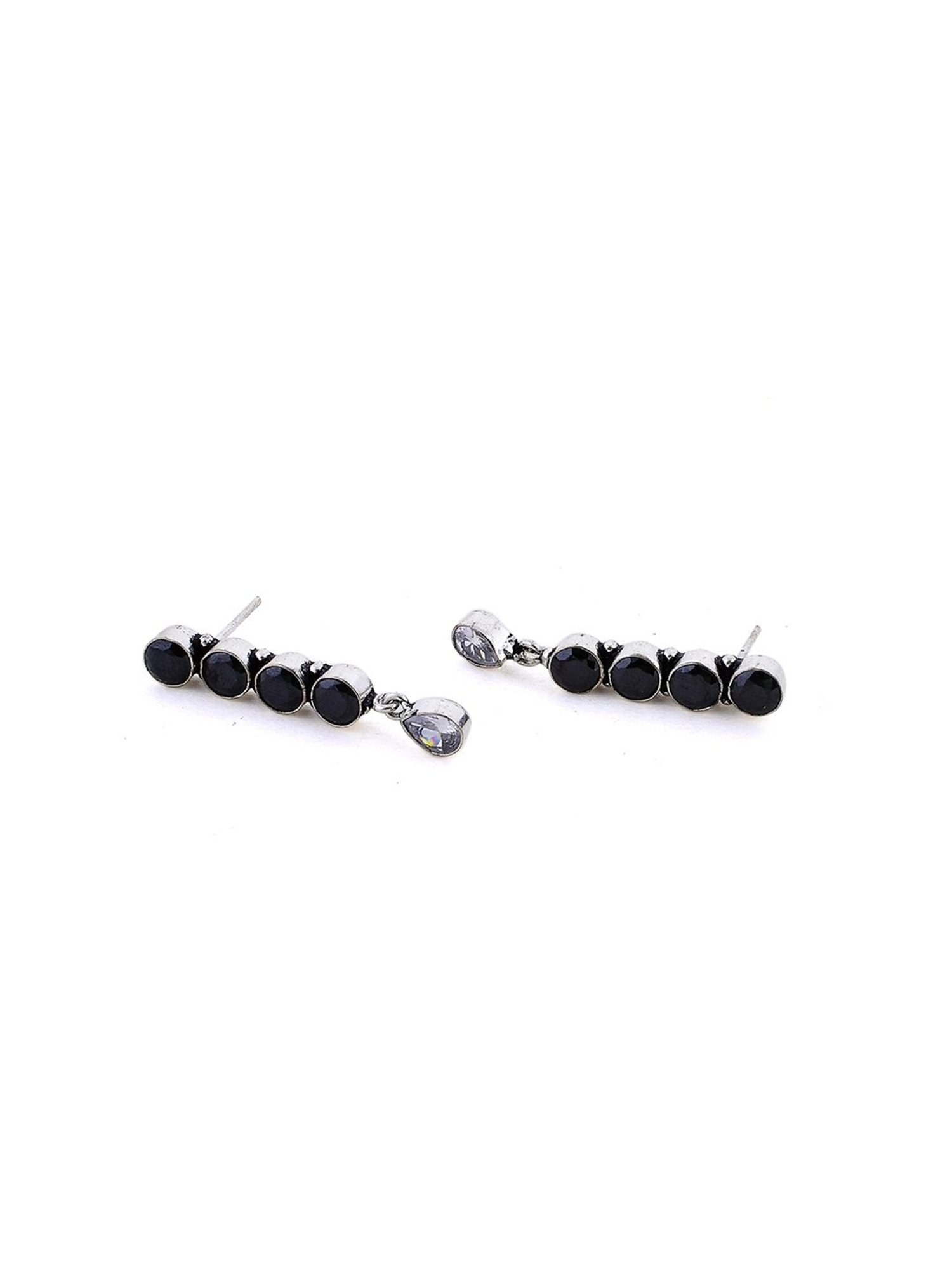 Imli Street Black Silver Tone Stone-Studded Handcrafted Dangler Earrings