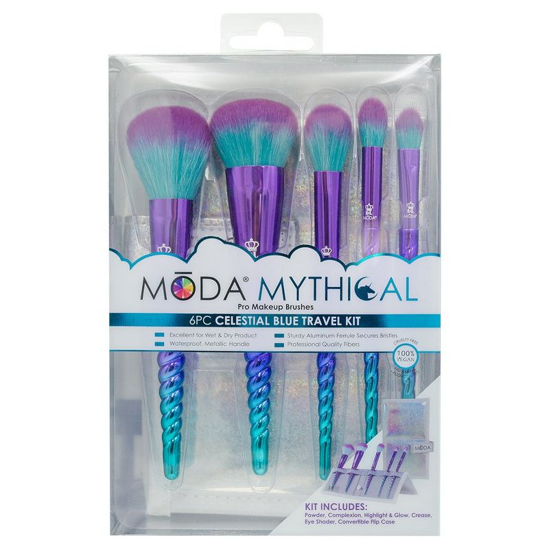 MODA Brush Mythical 6pc Celestial Blue Travel Makeup Brush Set with Holographic Flip Case, Includes - Powder, Complexion, Highlight and Glow, and Crease Brushes