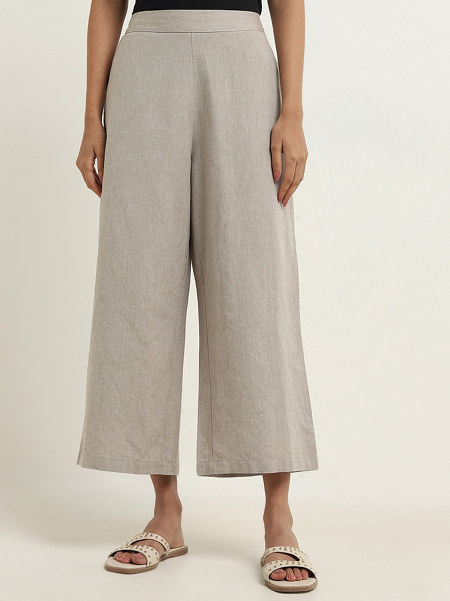 Utsa by Westside Beige High-Rise Straight Cotton Pants