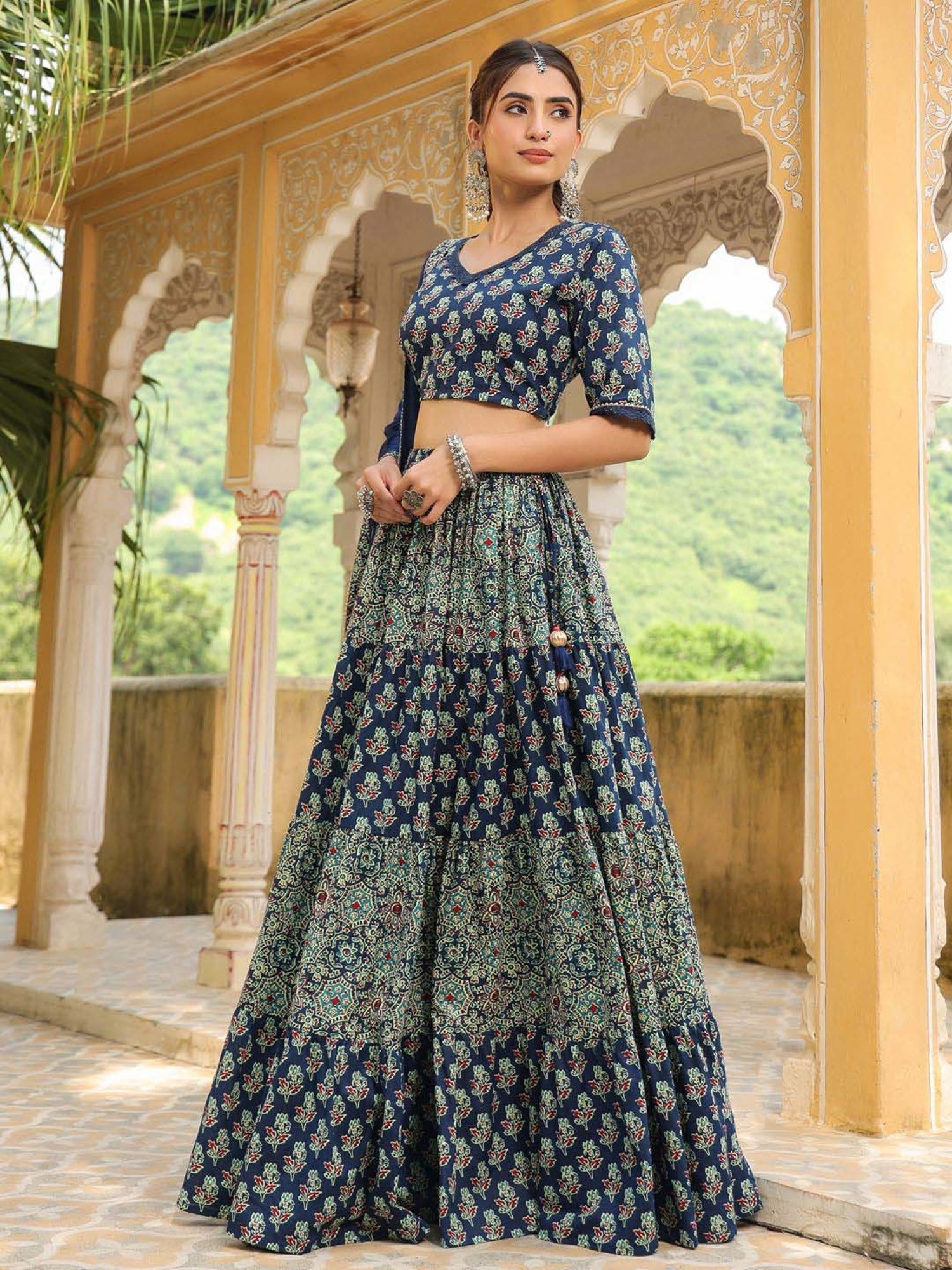 Janasya Blue Cotton Printed Lehenga Choli Set With Dupatta