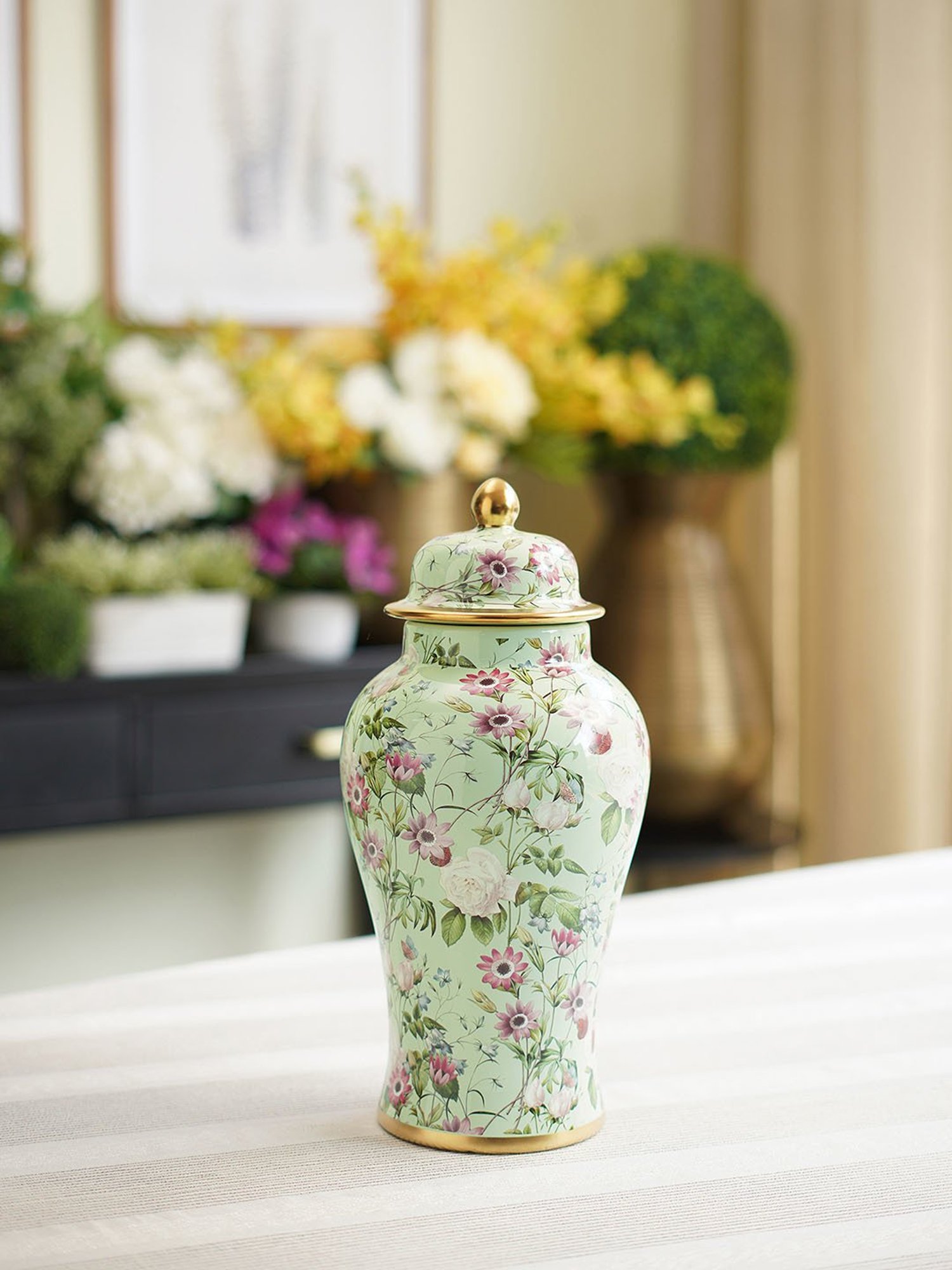 Pure Home and Living Green Ceramic Ribbed Urn With Lid