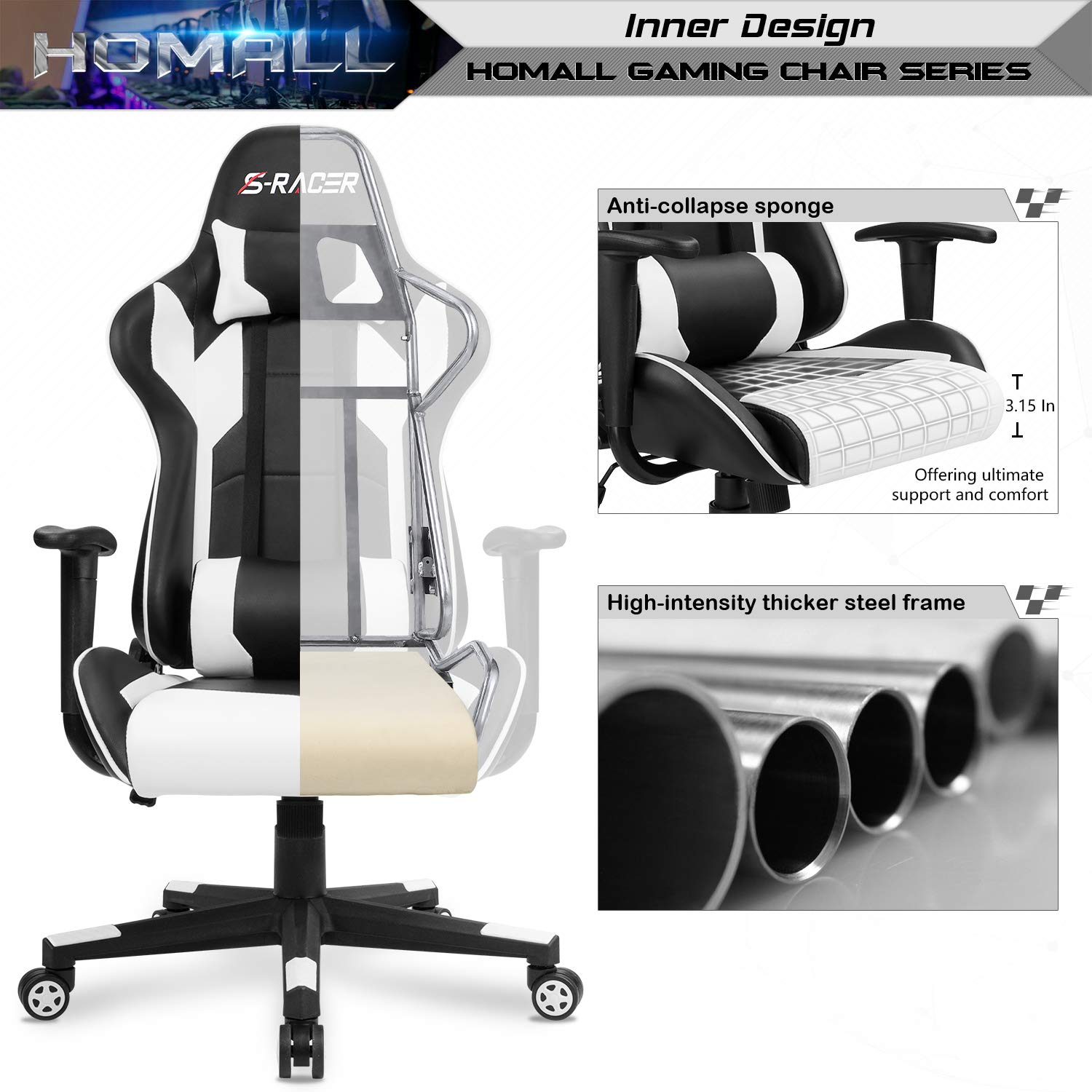 Homall Gaming Chair Office Chair High Back Computer Chair PU Leather Desk Chair Racing Executive Ergonomic Swivel Task Chair, Seat Height Adjustable, with Headrest and Lumbar Support (Blue)