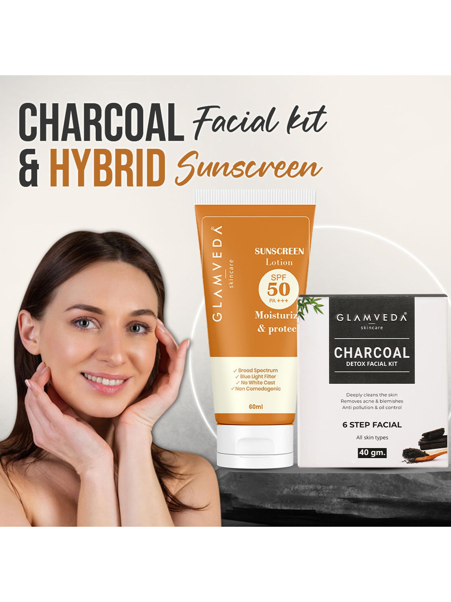 Glamveda Charcoal Detox & Anti Pollution Facial Kit & Hybrid Sunscreen Lotion SPF 50 PA+++ Combo