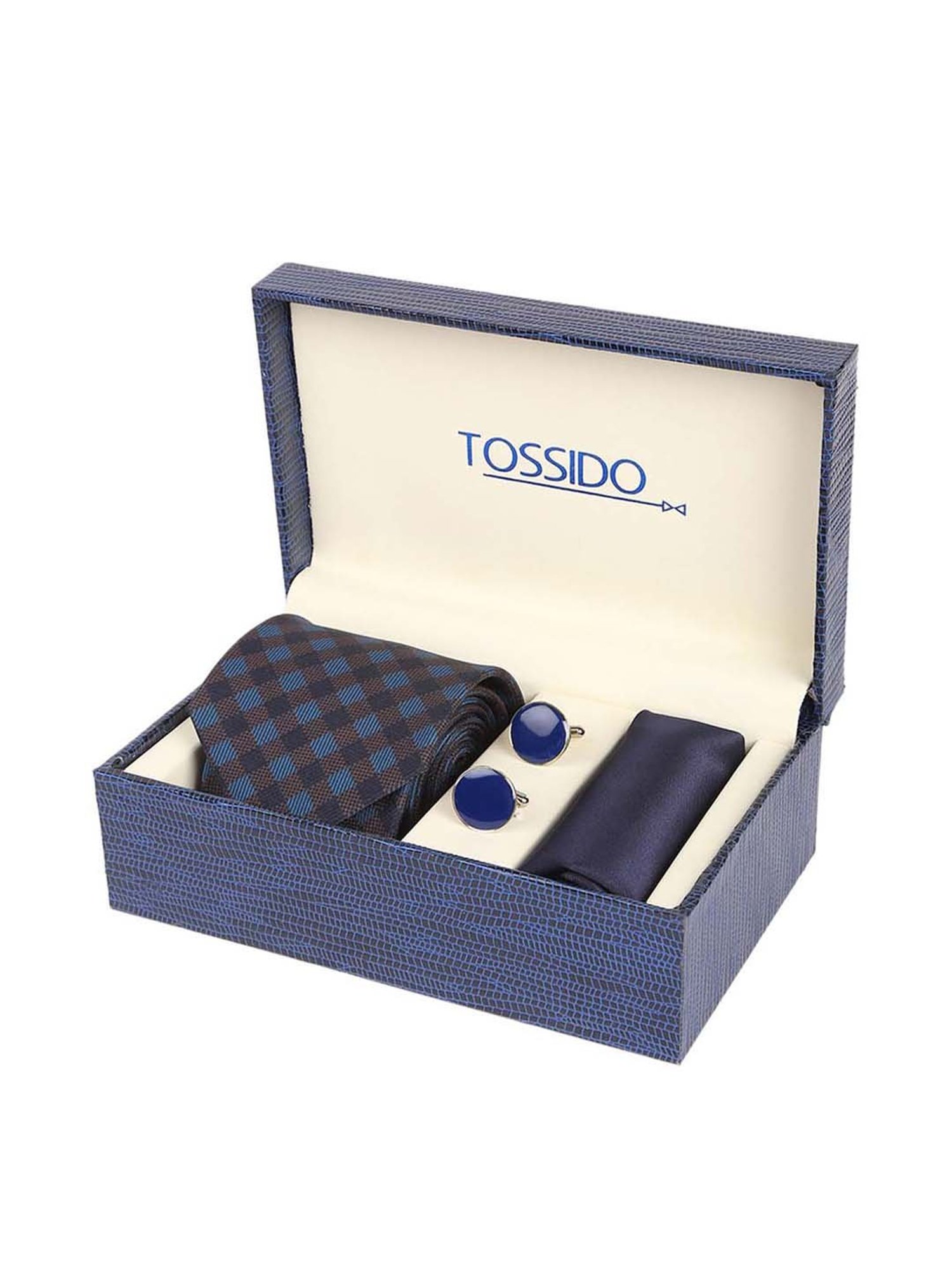 Tossido Blue Woven Necktie With Pocket Square and Cufflinks