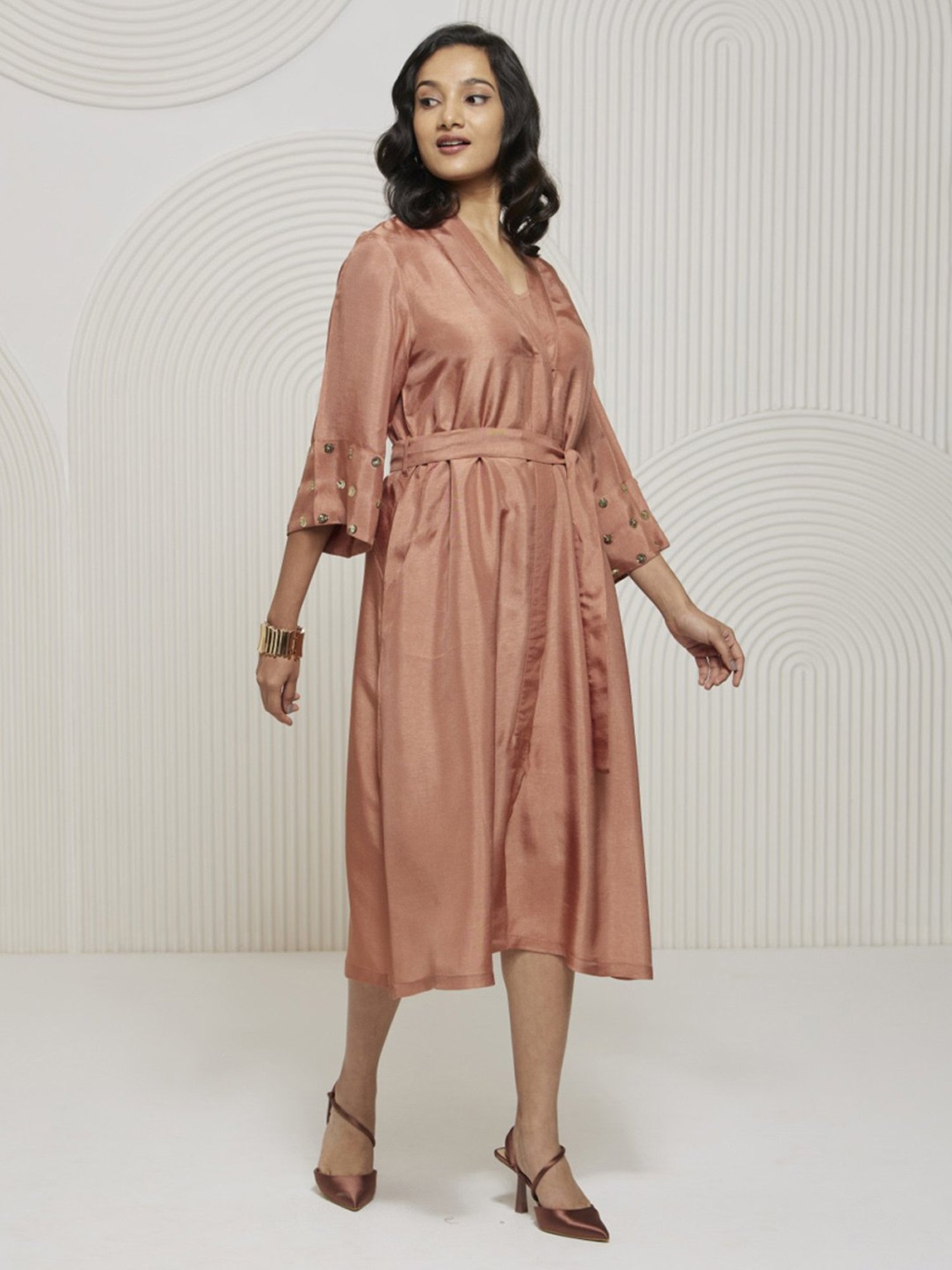 Artagai Salmon Pink Romancing Aari Shirt Dress With Tie-Up And Embellished Sleeve