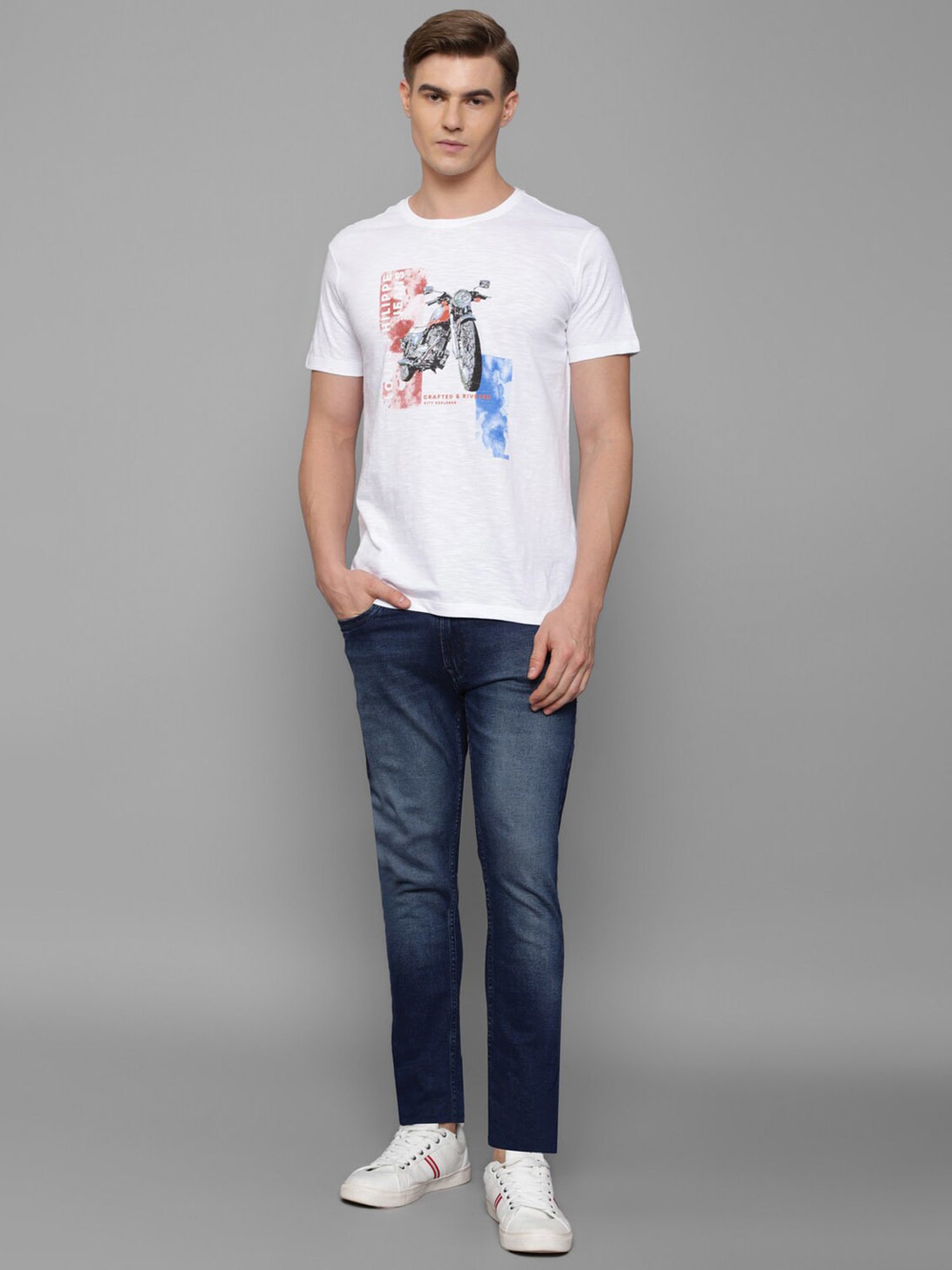 Louis Philippe Jeans White Cotton Slim Fit Printed T-Shirt