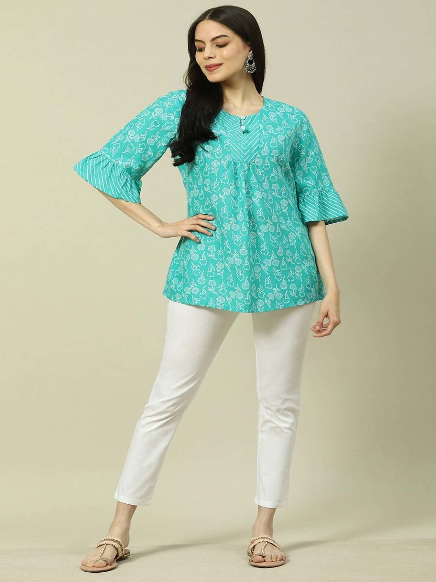 Rangriti Turquoise Printed Top