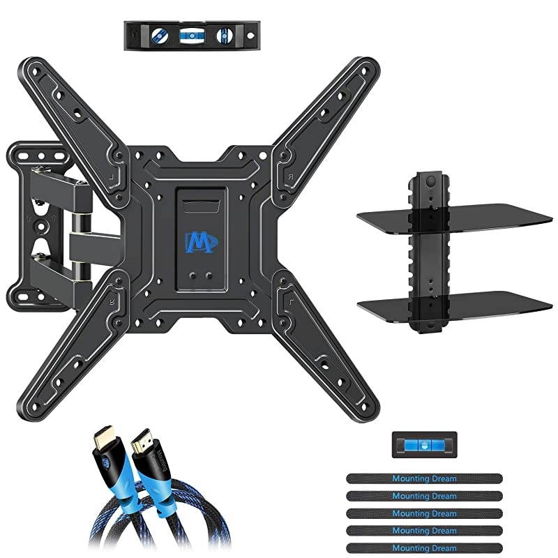 Full Motion TV Wall Mounts TV Bracket for Most, LED,LCD,OLED Flat Screen TV, TV Mount with Perfect Center Design, Full Motion TV Mount with Swivel Articulating Arm (TV Mount with Shelf)