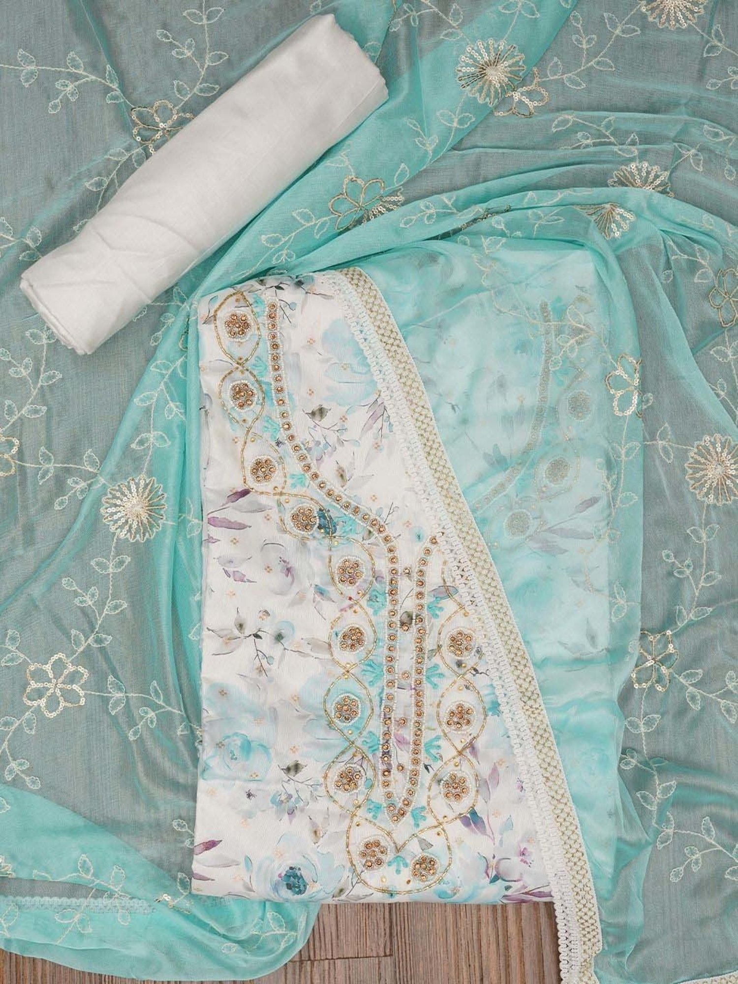 Jaipur Kurti White & Blue Embellished Unstitched Dress Material